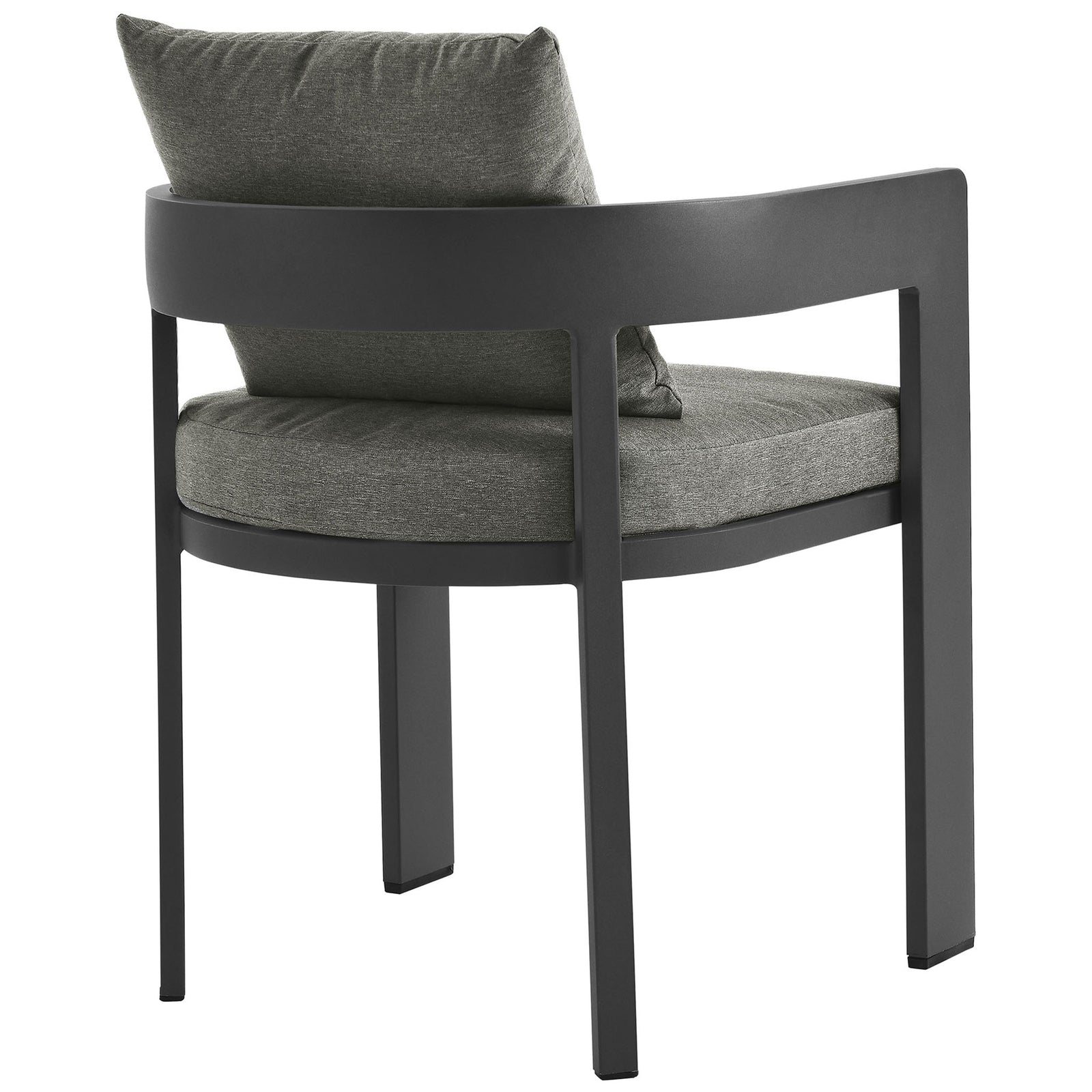 Back view of charcoal dining chair highlighting open curved frame and continuous wraparound backrest || EEI-7053-GRY-CHA || back_angle_studio