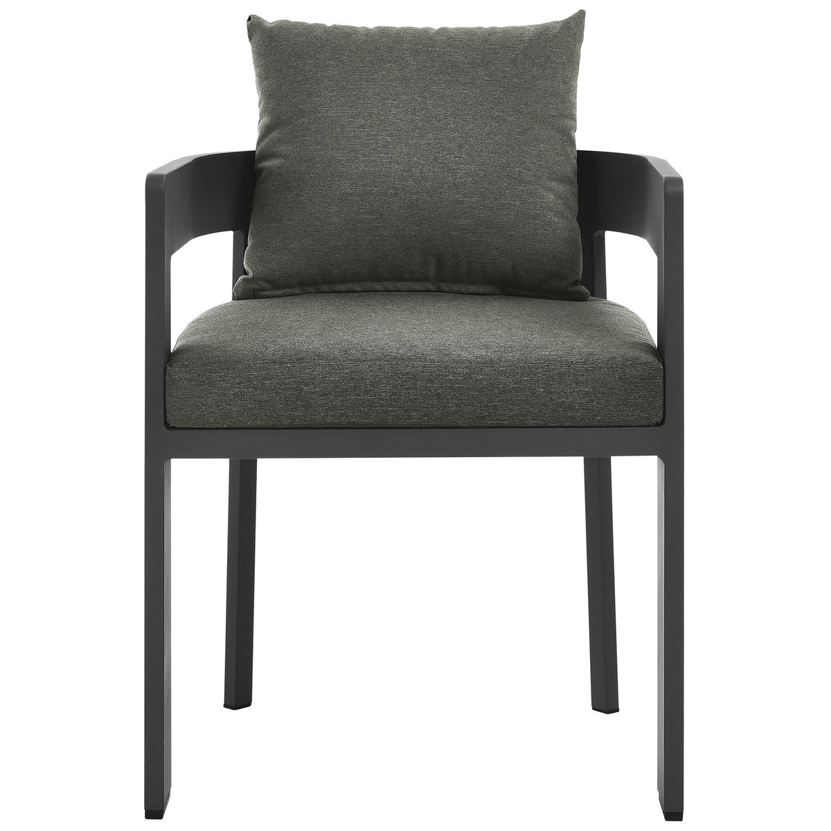 Modern charcoal patio dining chair with curved open back and plush dark gray seat and back cushions || EEI-7053-GRY-CHA || front_studio