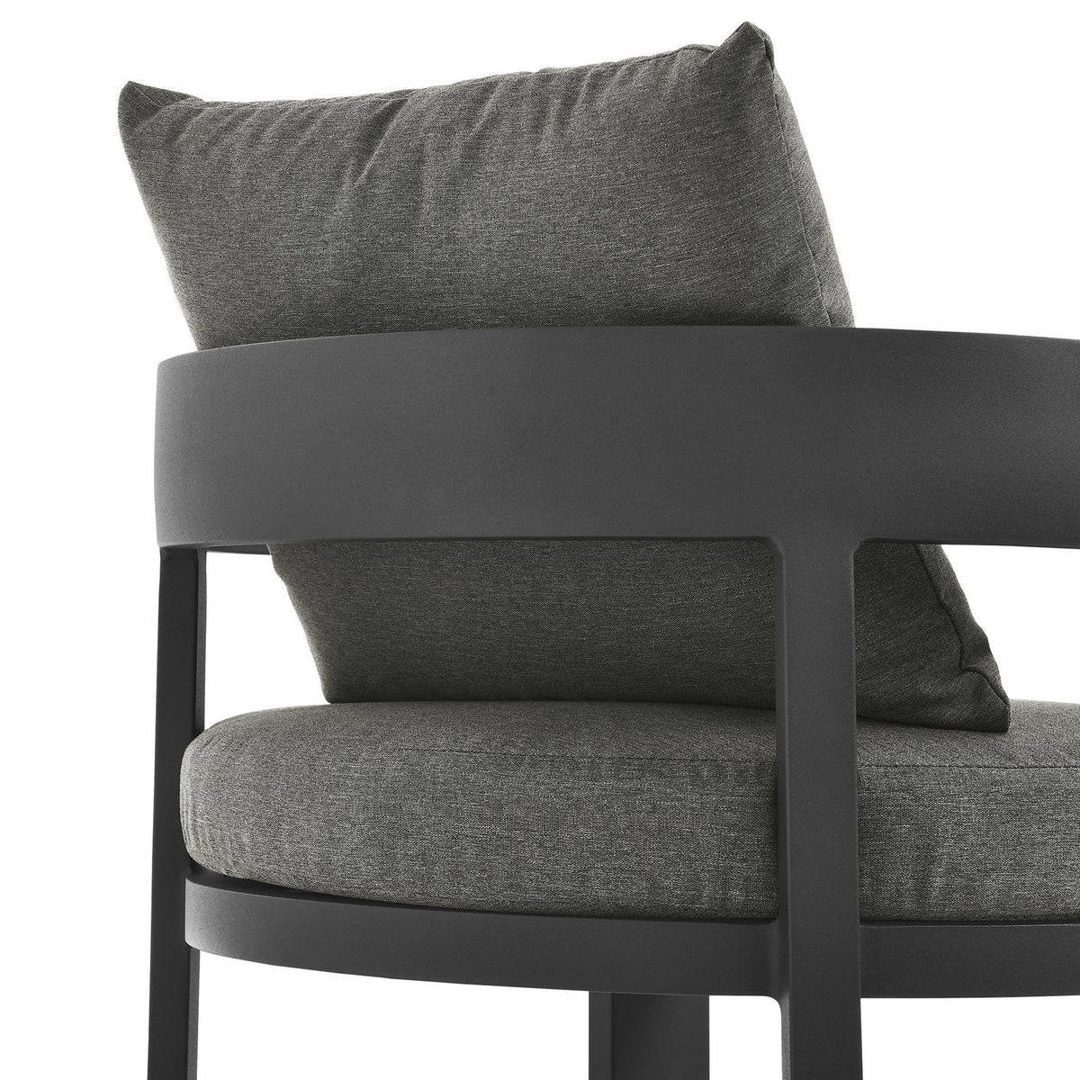 Close-up of curved back rail and supportive back cushion on the charcoal aluminum patio dining chair || EEI-7053-GRY-CHA || detail_studio