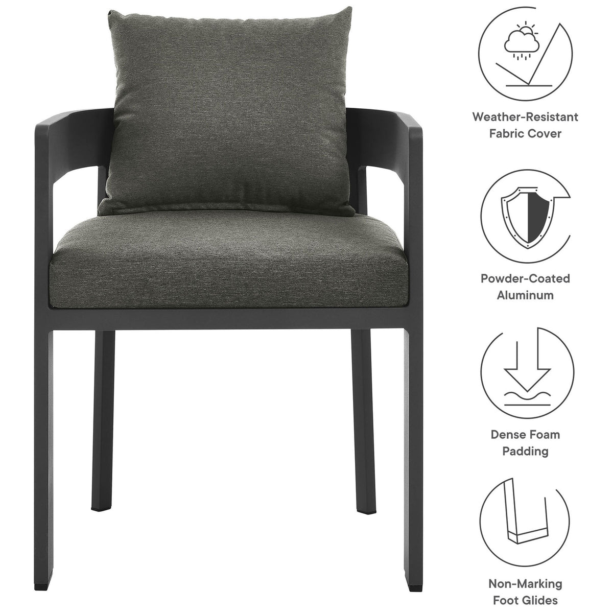 Feature callouts for Tahoe patio dining chair showing weather-resistant fabric, foam cushions, and foot glides || EEI-7053-GRY-CHA || callout_studio