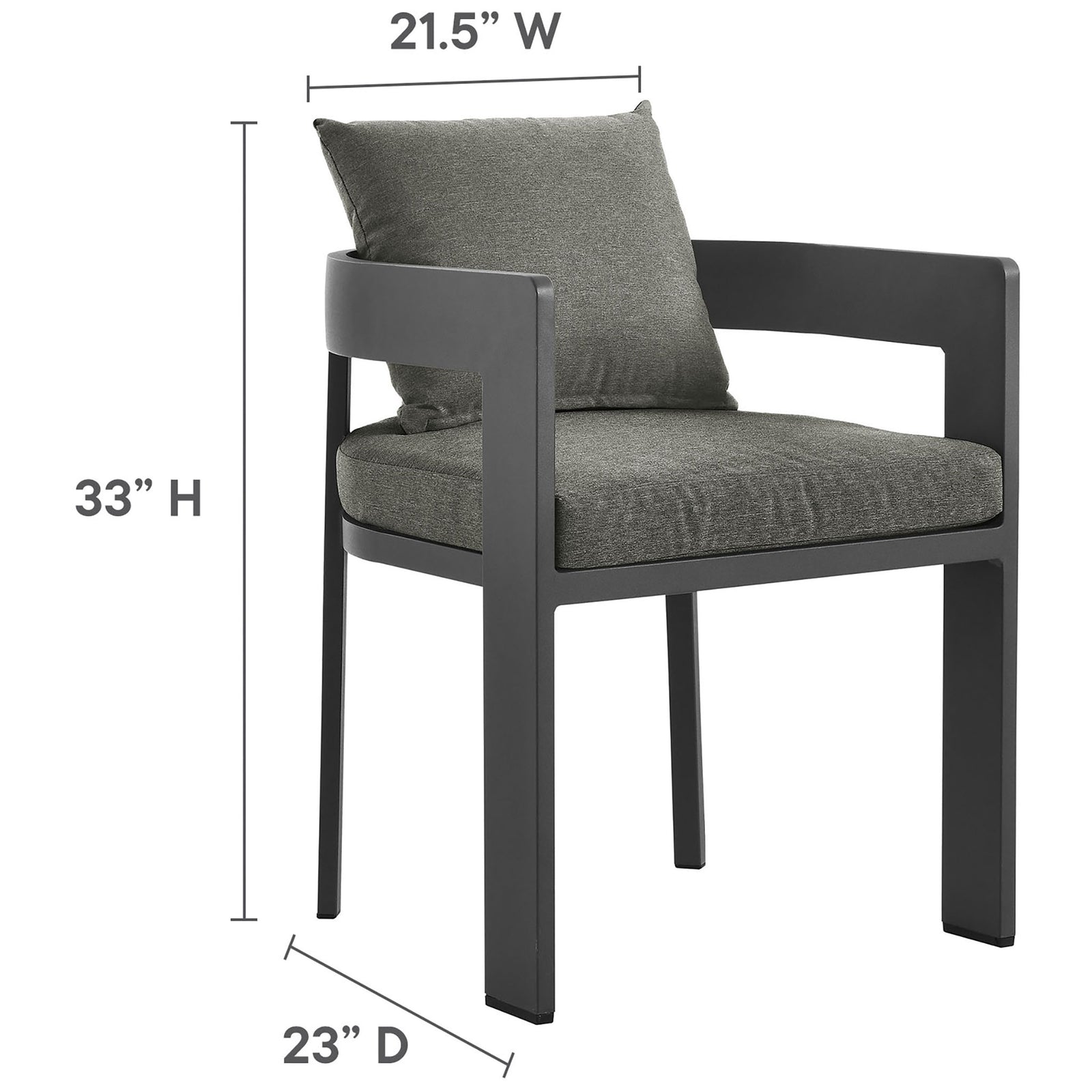 Dimension diagram of Tahoe outdoor dining chair with 33 inch height, 21.5 inch width, and 23 inch depth || EEI-7053-GRY-CHA || dimension_studio