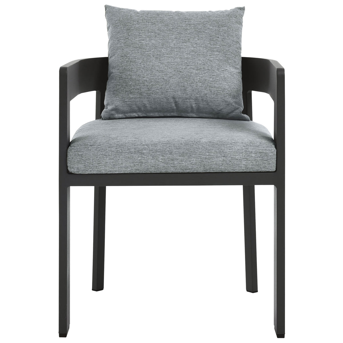 Modern charcoal patio dining chair with open curved back and light gray seat and back cushions || EEI-7053-GRY-GRY || front_studio