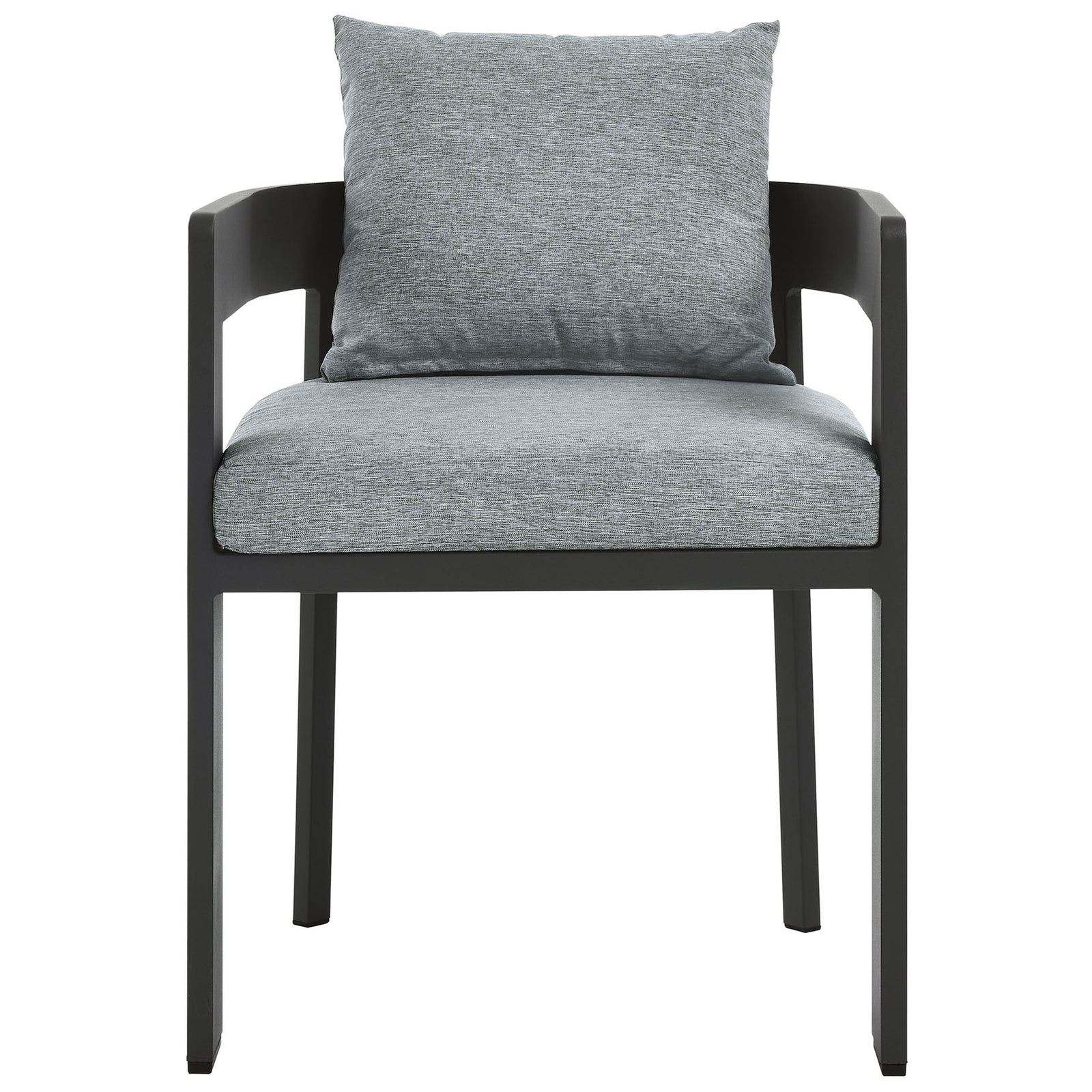 Modern charcoal patio dining chair with open curved back and light gray seat and back cushions || EEI-7053-GRY-GRY || front_studio