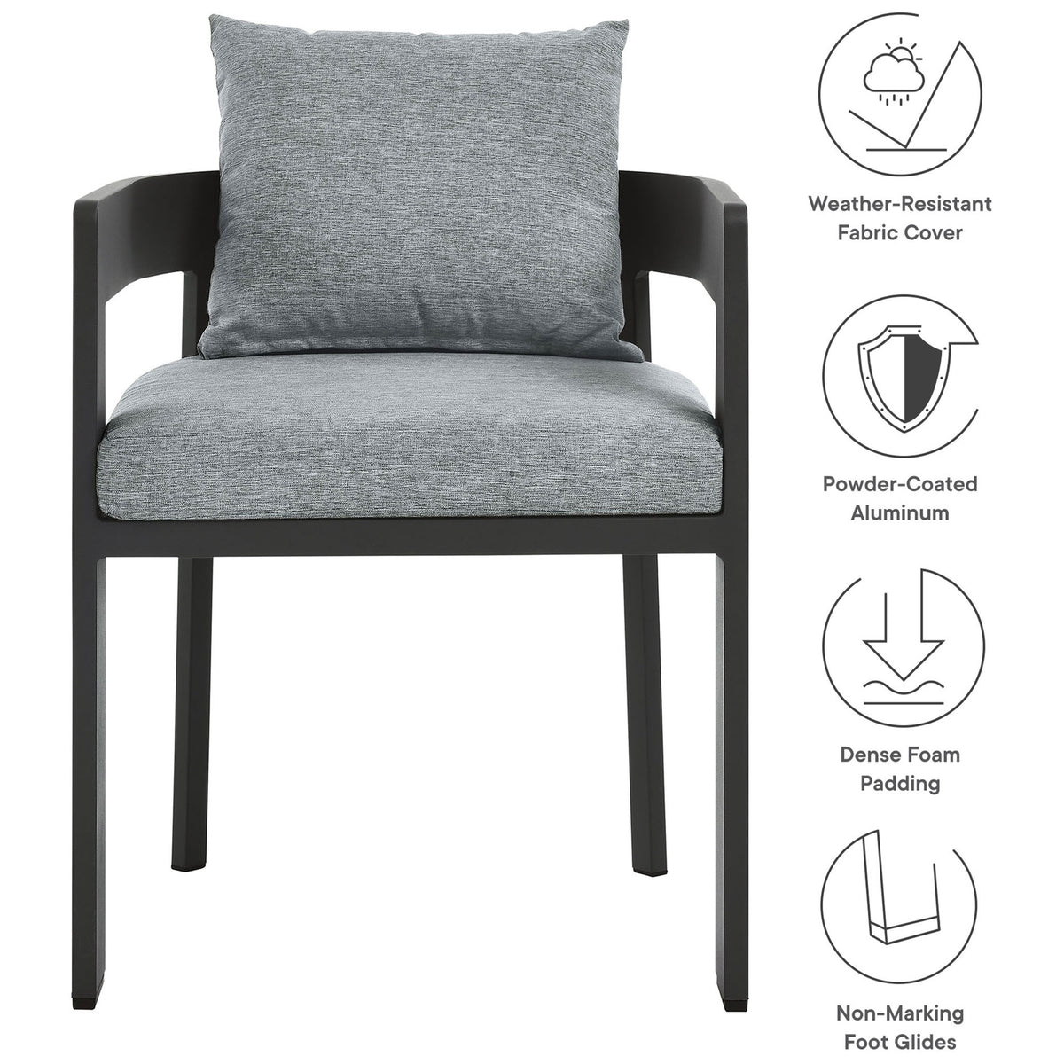 Feature callouts for Tahoe patio dining chair showing weather-resistant fabric, dense foam, and foot glides || EEI-7053-GRY-GRY || callout_studio
