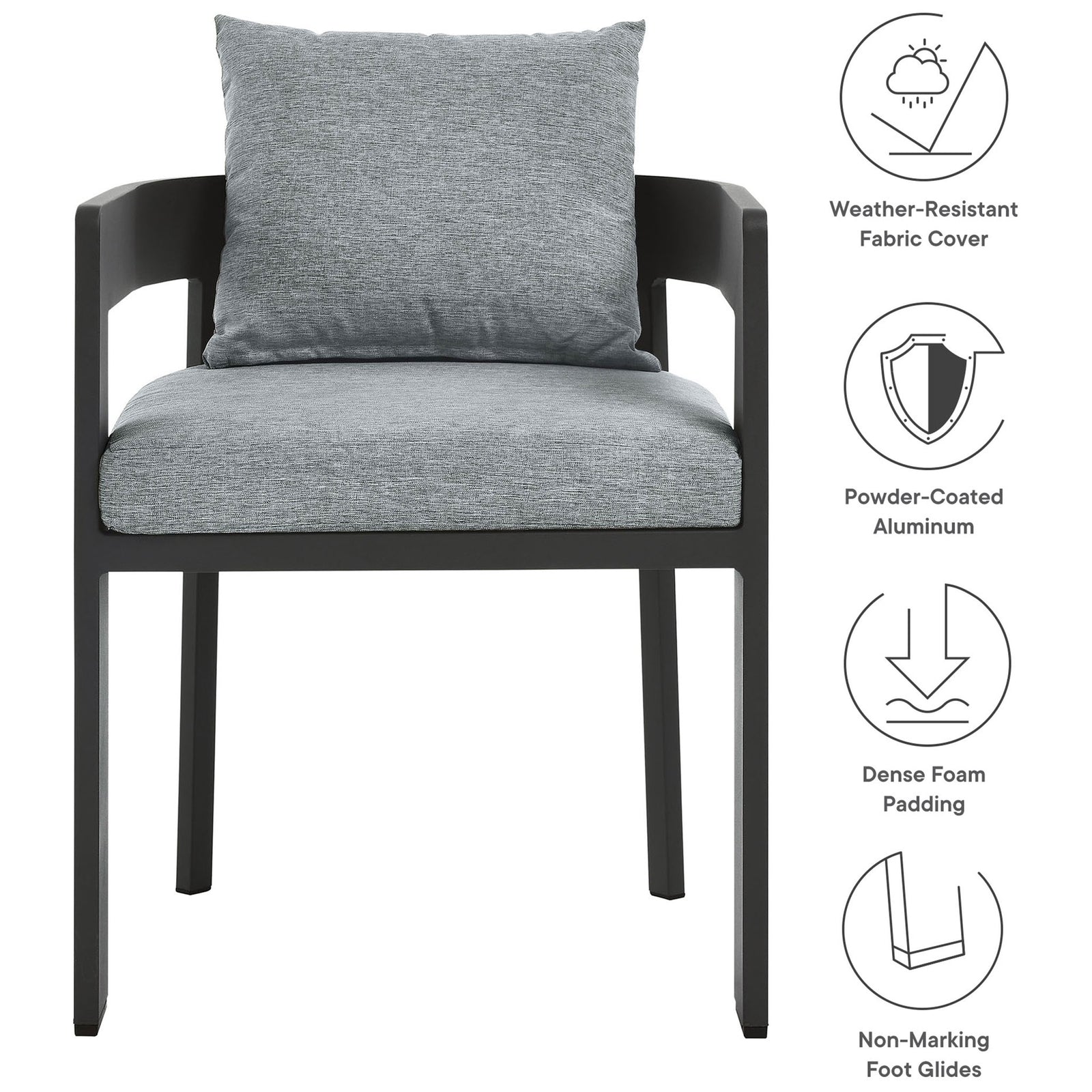 Feature callouts for Tahoe patio dining chair showing weather-resistant fabric, dense foam, and foot glides || EEI-7053-GRY-GRY || callout_studio