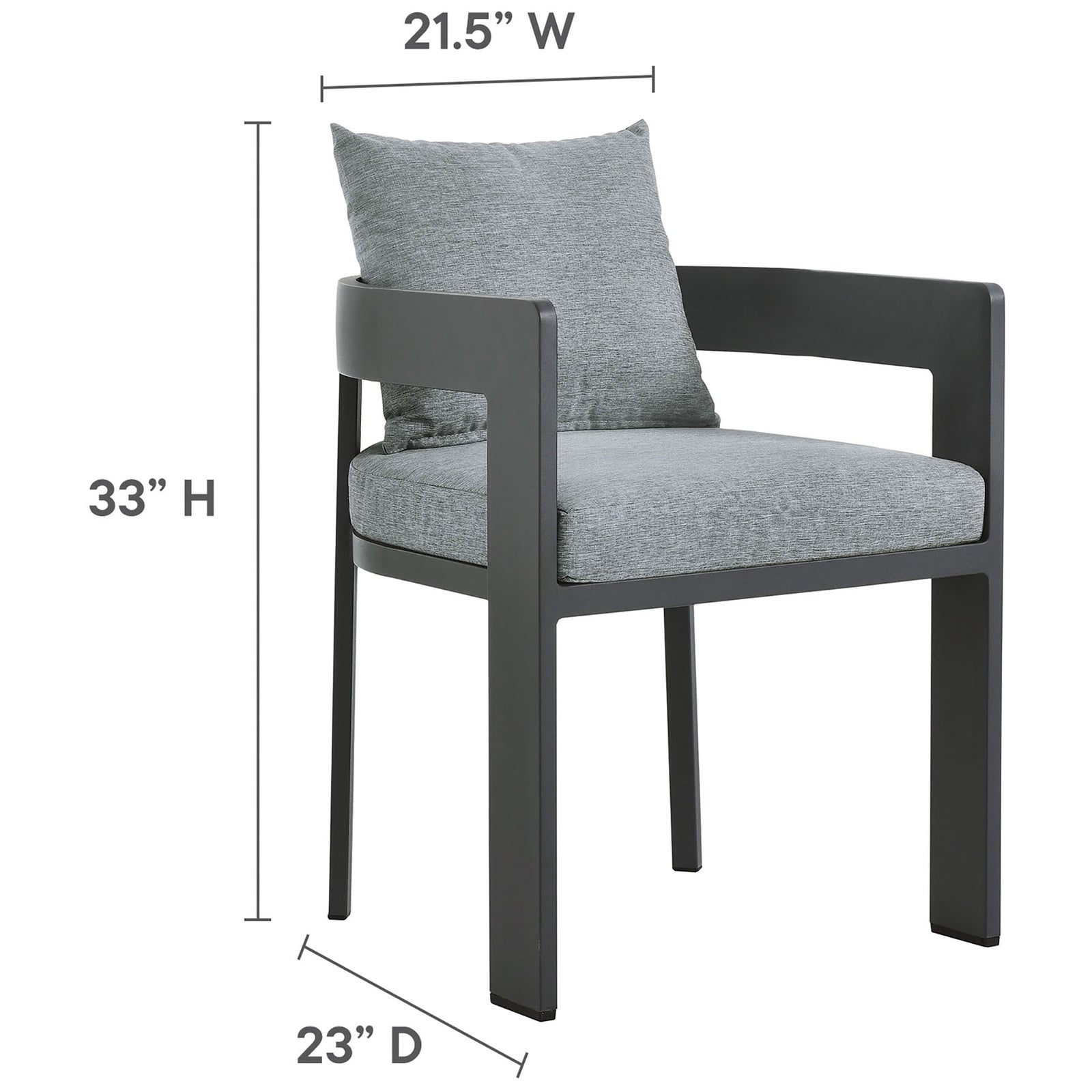 Dimension diagram of Tahoe outdoor dining chair with 33 inch height, 21.5 inch width, and 23 inch depth || EEI-7053-GRY-GRY || dimension_studio
