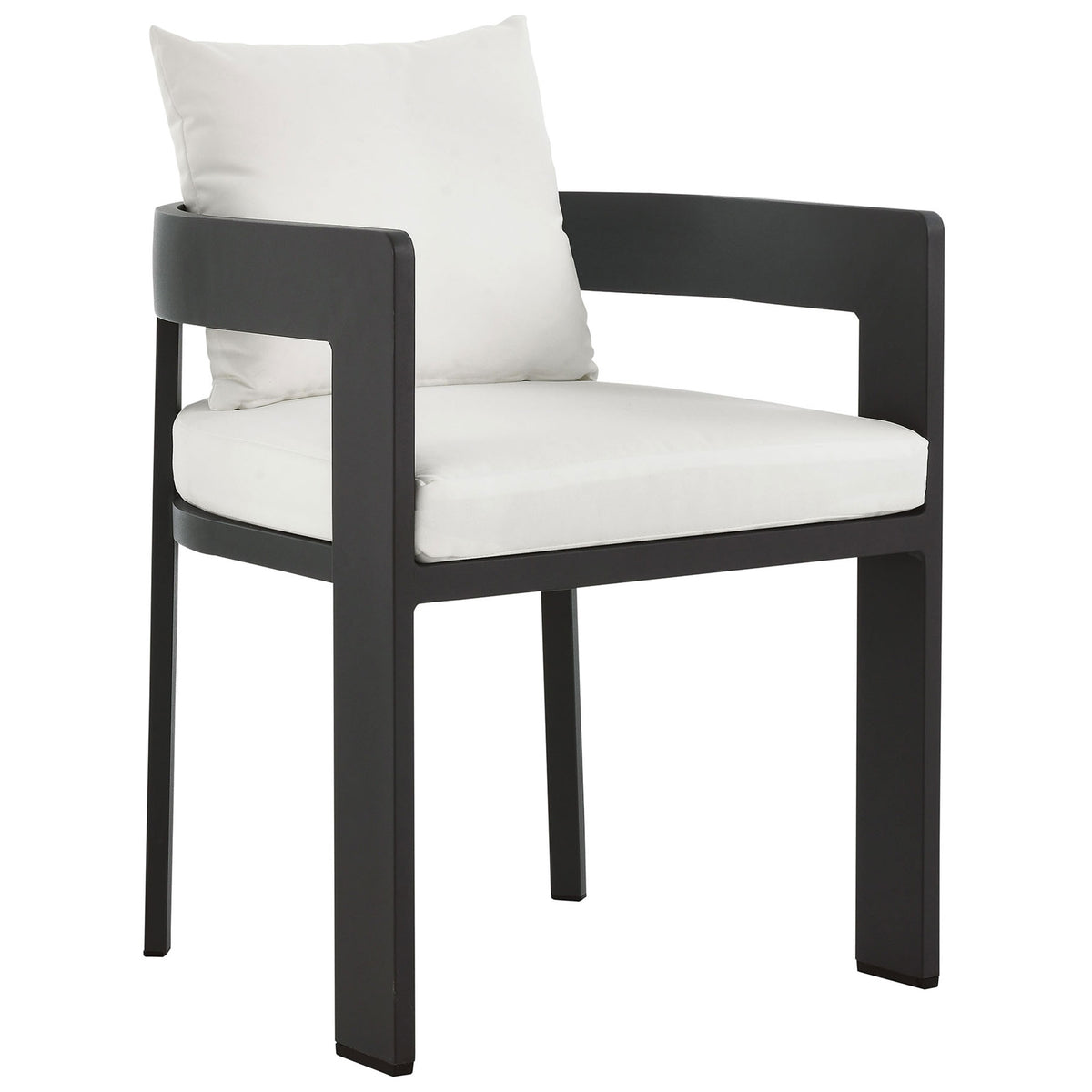 Contemporary outdoor dining chair with sleek charcoal aluminum frame and all-white cushions || EEI-7053-GRY-WHI || front_angle_studio