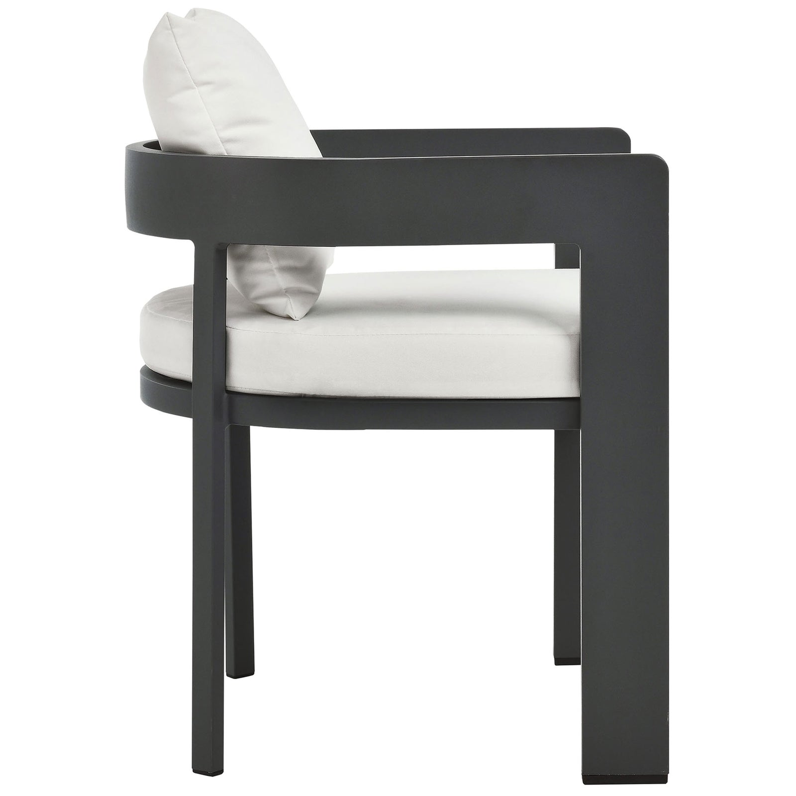Side profile of Tahoe outdoor chair highlighting wraparound back, slim arms, and thick white seat cushion || EEI-7053-GRY-WHI || side_studio