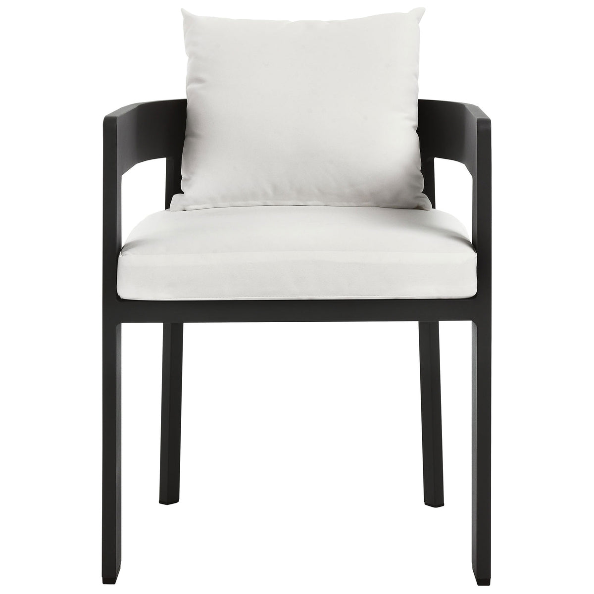 Modern charcoal patio dining chair with open curved back and crisp white seat and back cushions || EEI-7053-GRY-WHI || front_studio