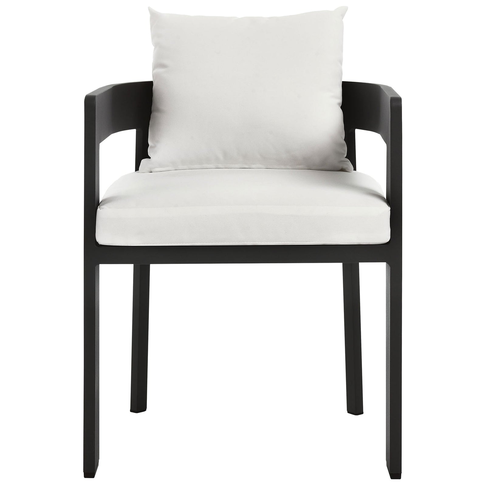 Modern charcoal patio dining chair with open curved back and crisp white seat and back cushions || EEI-7053-GRY-WHI || front_studio