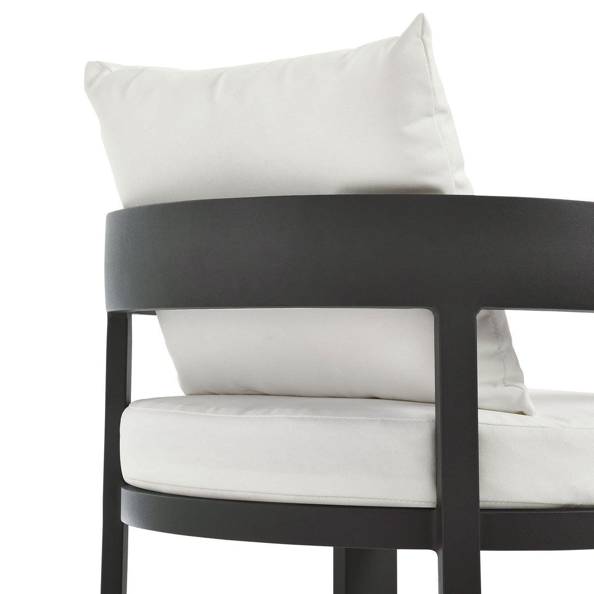 Close-up of curved back rail and soft white cushion on the Tahoe patio dining chair || EEI-7053-GRY-WHI || detail_studio