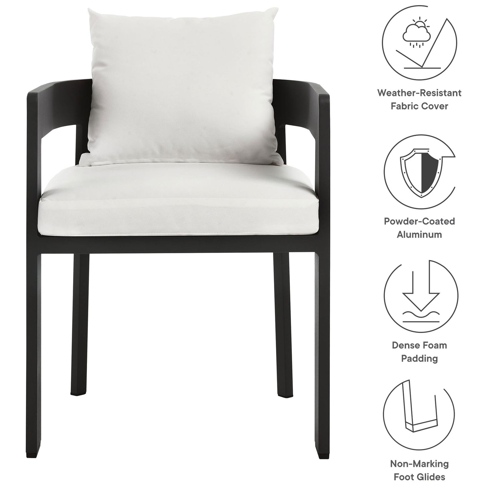 Feature callouts for Tahoe patio dining chair showing weather-resistant fabric, dense foam, and foot glides || EEI-7053-GRY-WHI || callout_studio