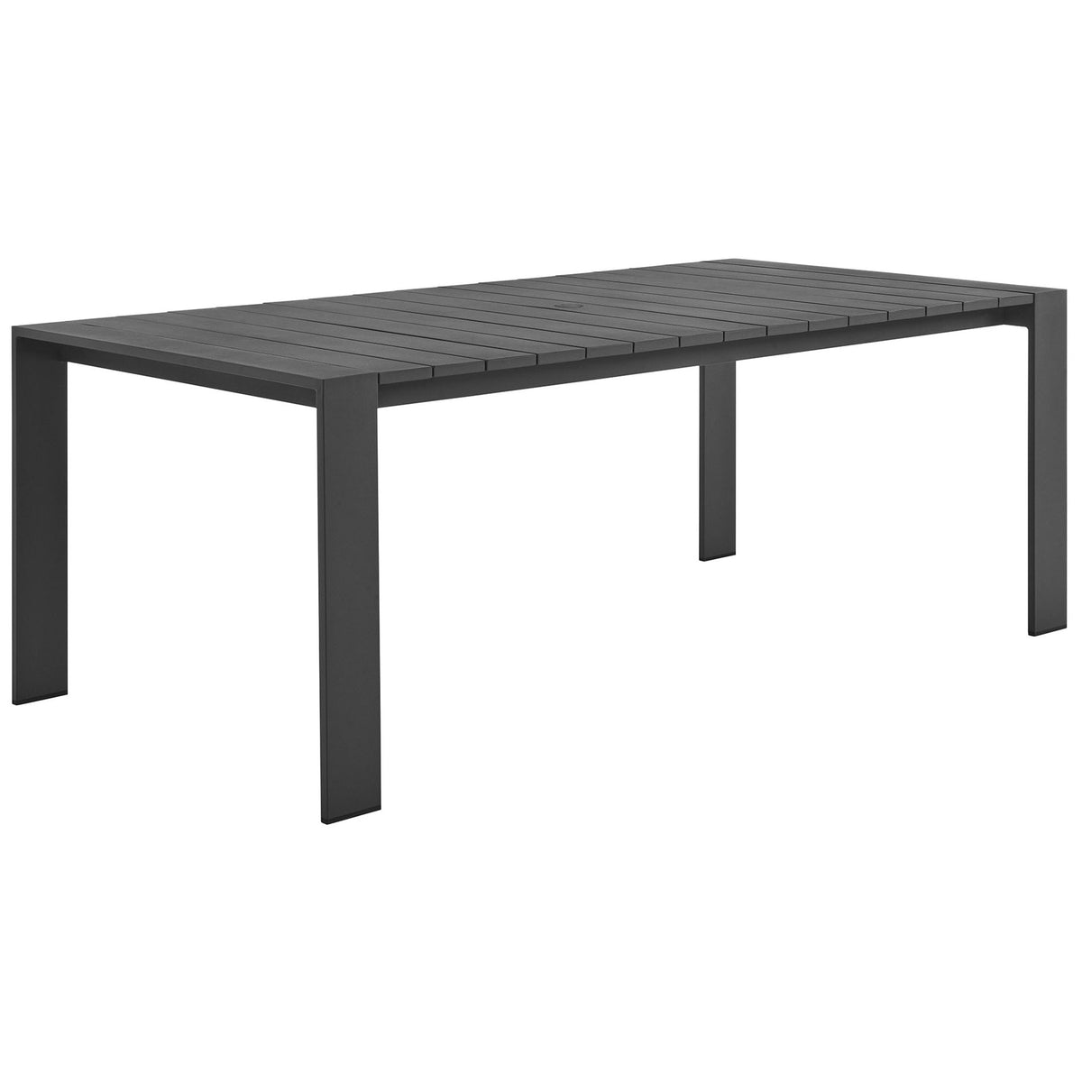 Modern Tahoe patio table offers generous seating space on a sleek, weather-resistant slatted surface. || EEI-7054-GRY || front_angle_studio