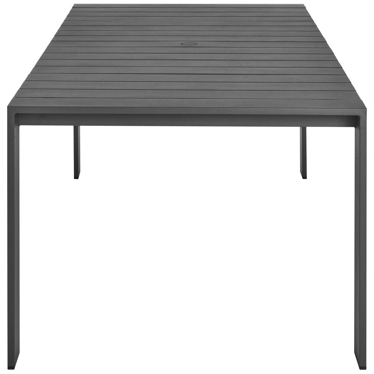 Low-profile outdoor dining table with slim tabletop edge and square-profile legs. || EEI-7054-GRY || side_studio