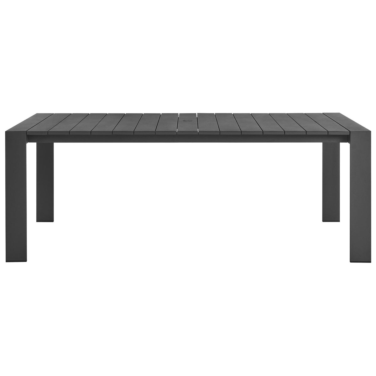Gray aluminum outdoor dining table with wide slatted top and integrated umbrella hole. || EEI-7054-GRY || front_studio