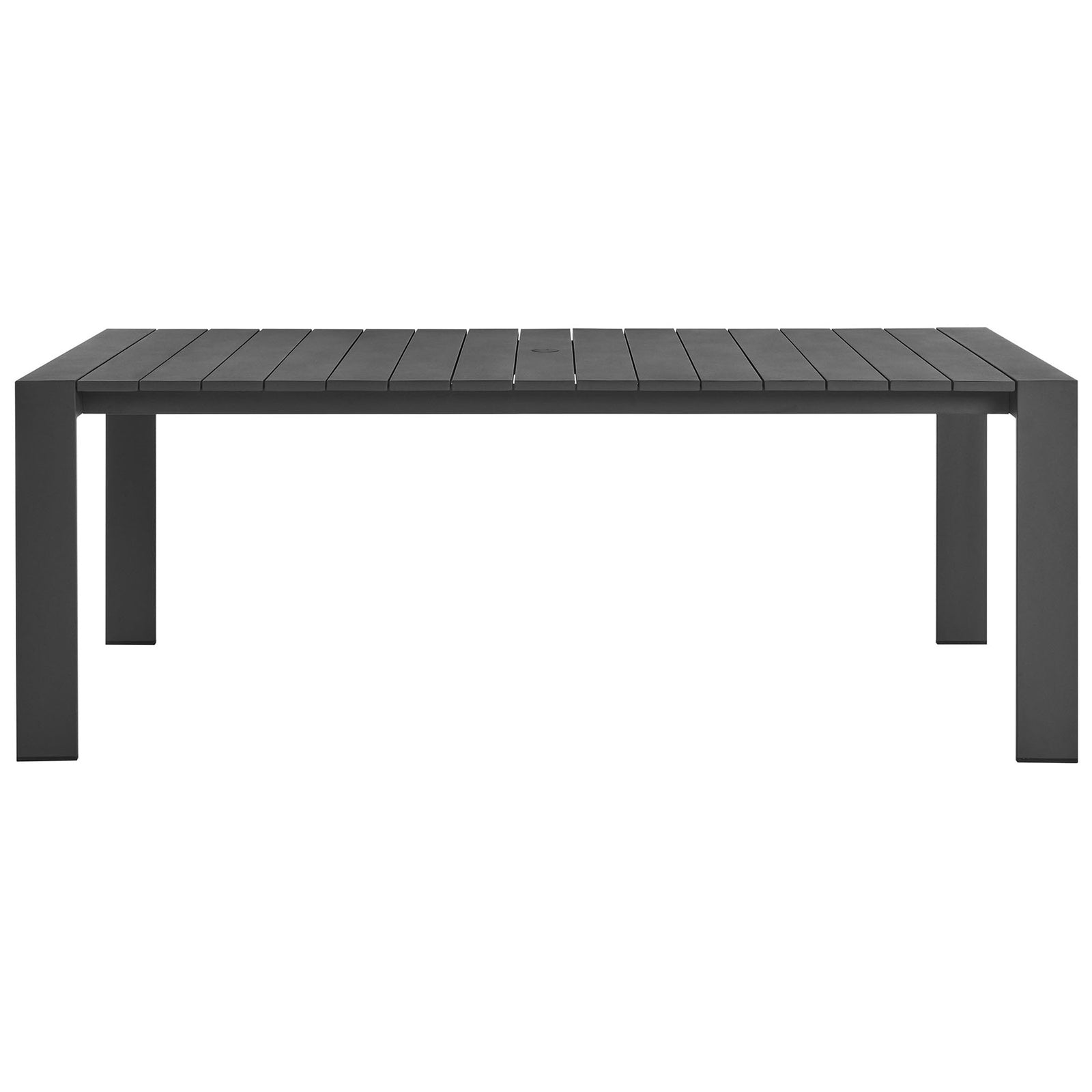 Gray aluminum outdoor dining table with wide slatted top and integrated umbrella hole. || EEI-7054-GRY || front_studio