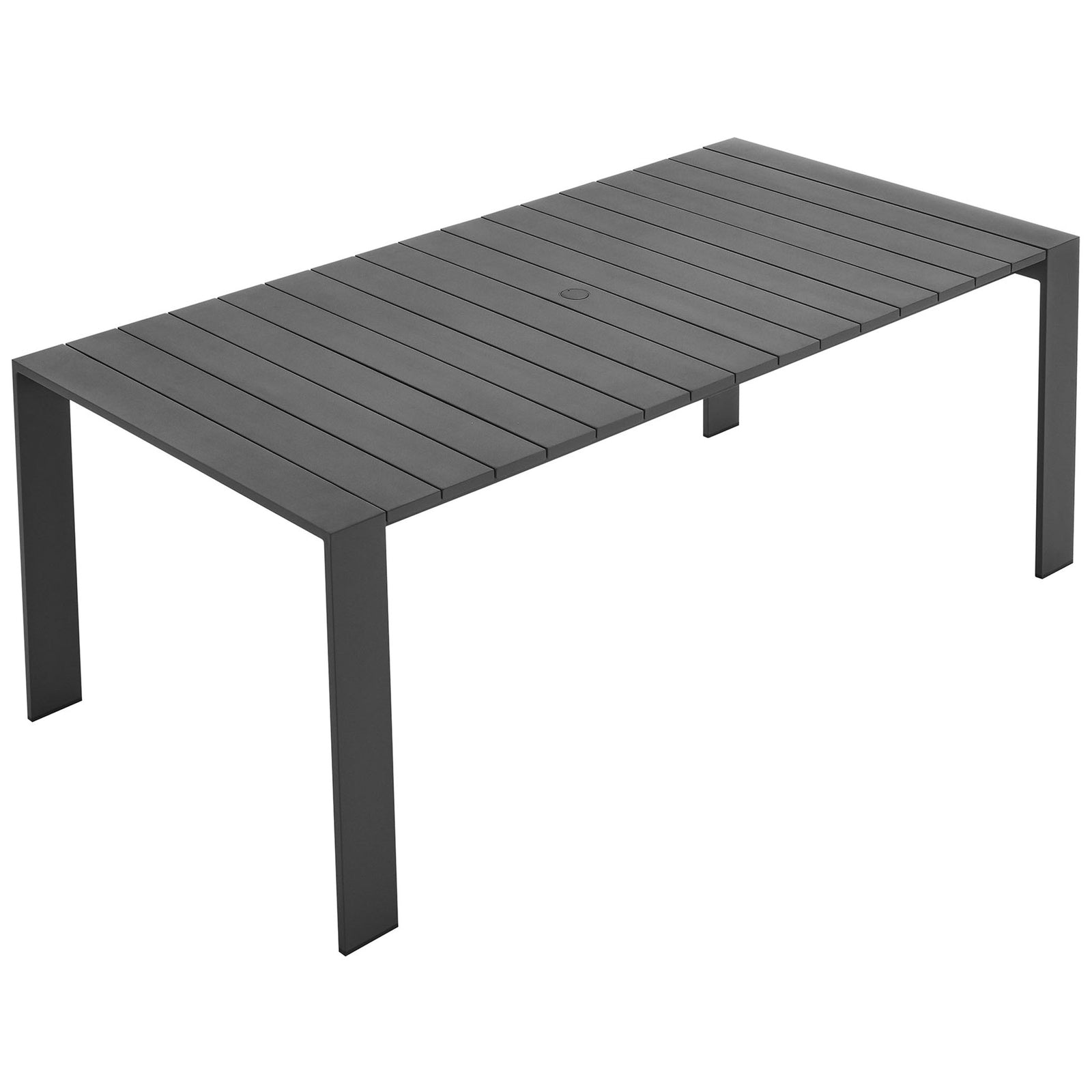 Rectangular gray dining table showcases clean lines and sturdy powder-coated metal legs. || EEI-7054-GRY || front_angle_studio