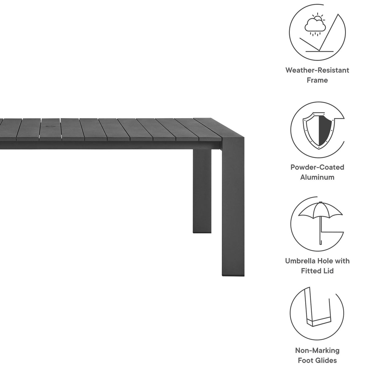 Graphic highlights Tahoe table benefits like weather-resistant frame and non-marking foot glides. || EEI-7054-GRY || callout_studio