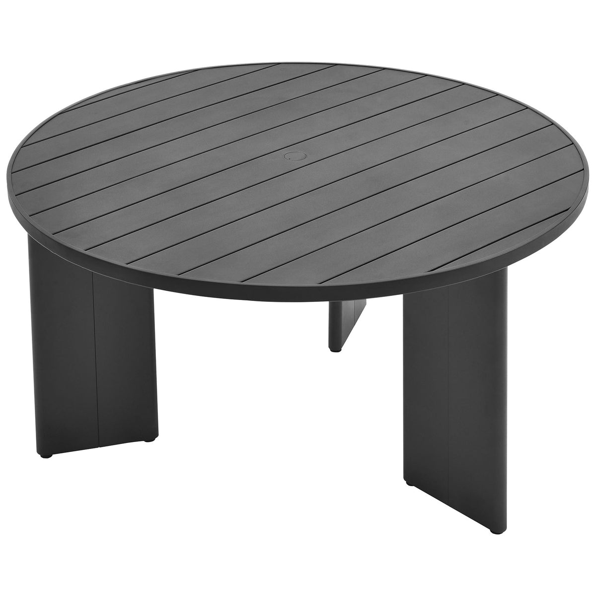 Spacious circular patio table offers room for four with a modern powder-coated finish. || EEI-7055-GRY || front_angle_studio
