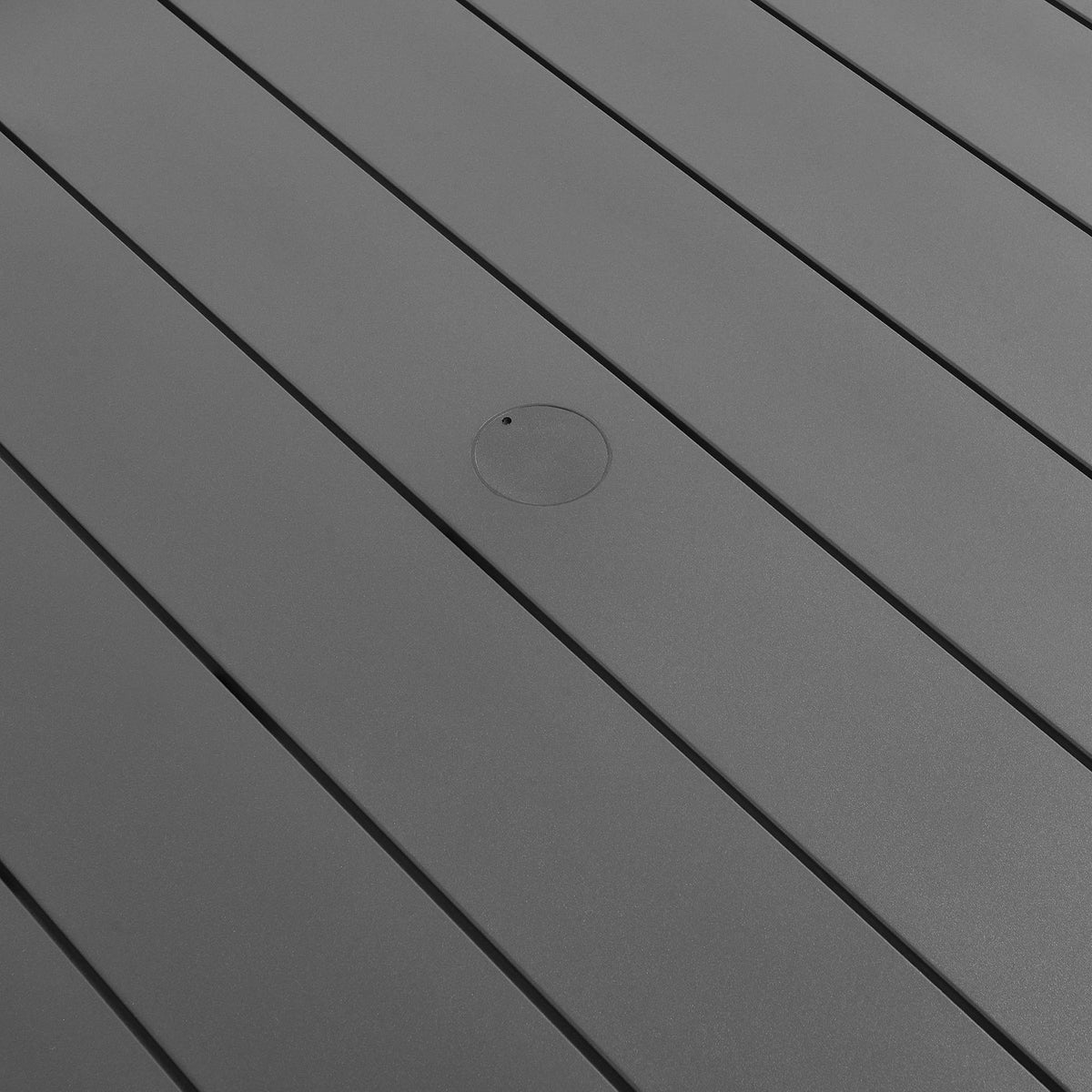 Umbrella hole with fitted lid sits neatly at the center of the Tahoe round slatted tabletop. || EEI-7055-GRY || detail_studio