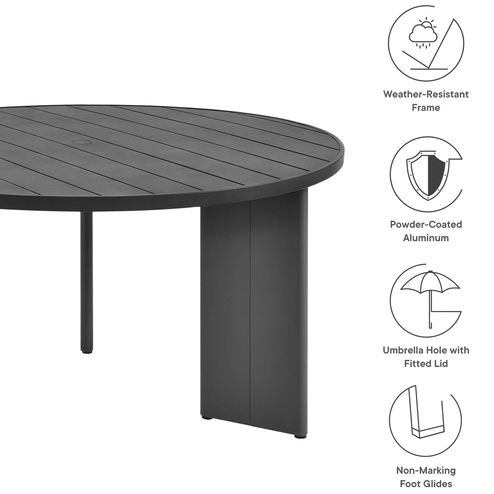 Graphic summarizes Tahoe round table features like weather-resistant frame and umbrella compatibility. || EEI-7055-GRY || callout_studio
