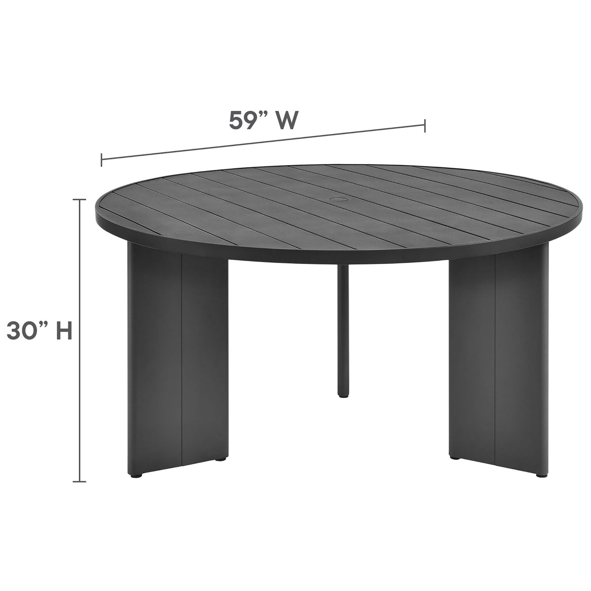Diagram displays Tahoe round dining table dimensions for width and height on the patio. || EEI-7055-GRY || dimension_studio