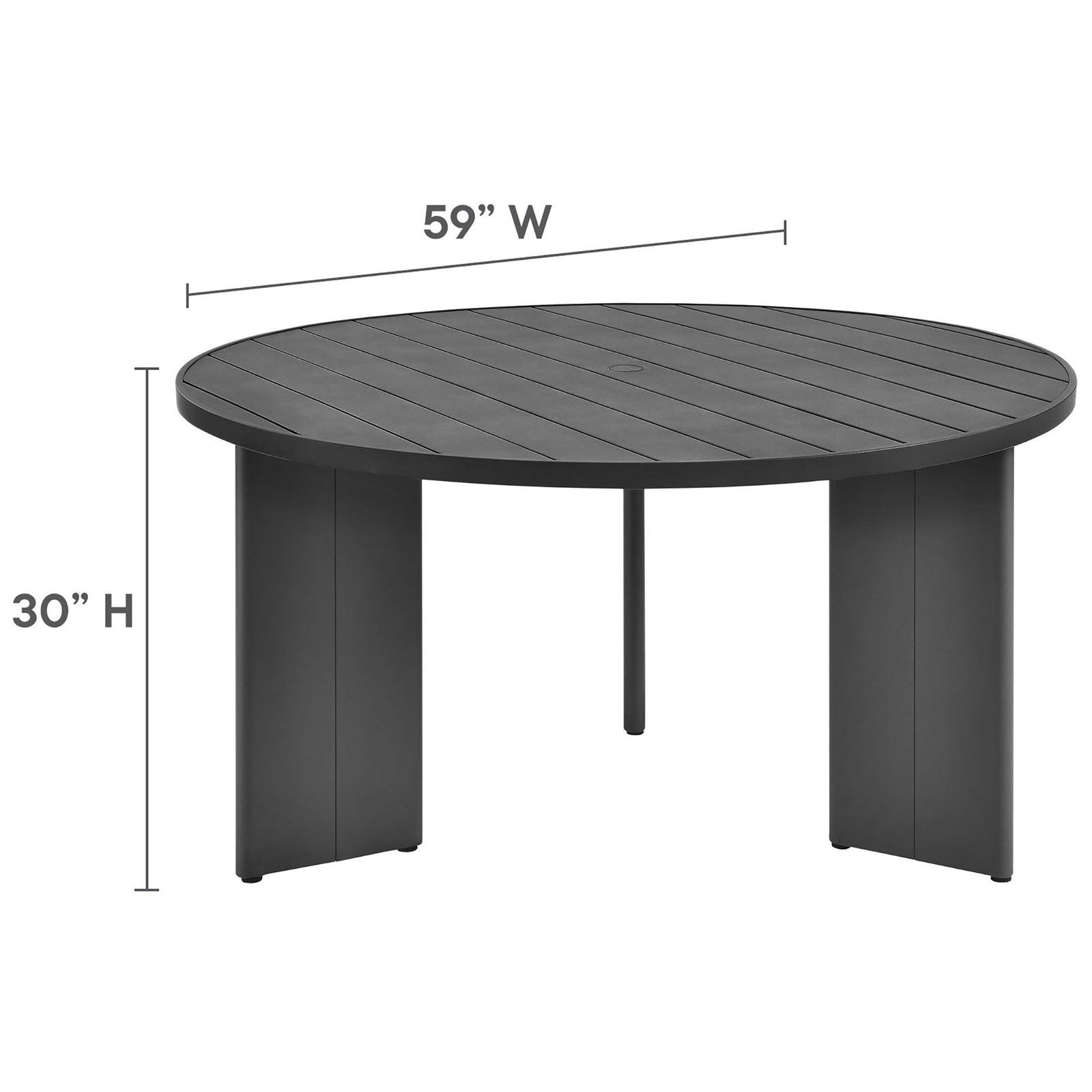 Diagram displays Tahoe round dining table dimensions for width and height on the patio. || EEI-7055-GRY || dimension_studio