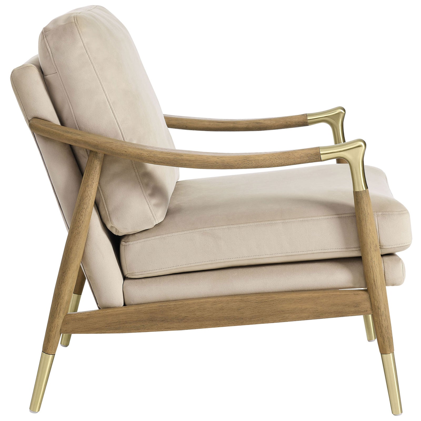 Sculpted wood frame and plush seat showcase sleek profile with brass accents and stain-resistant velvet upholstery || EEI-7056-ALM-WAL || side_studio