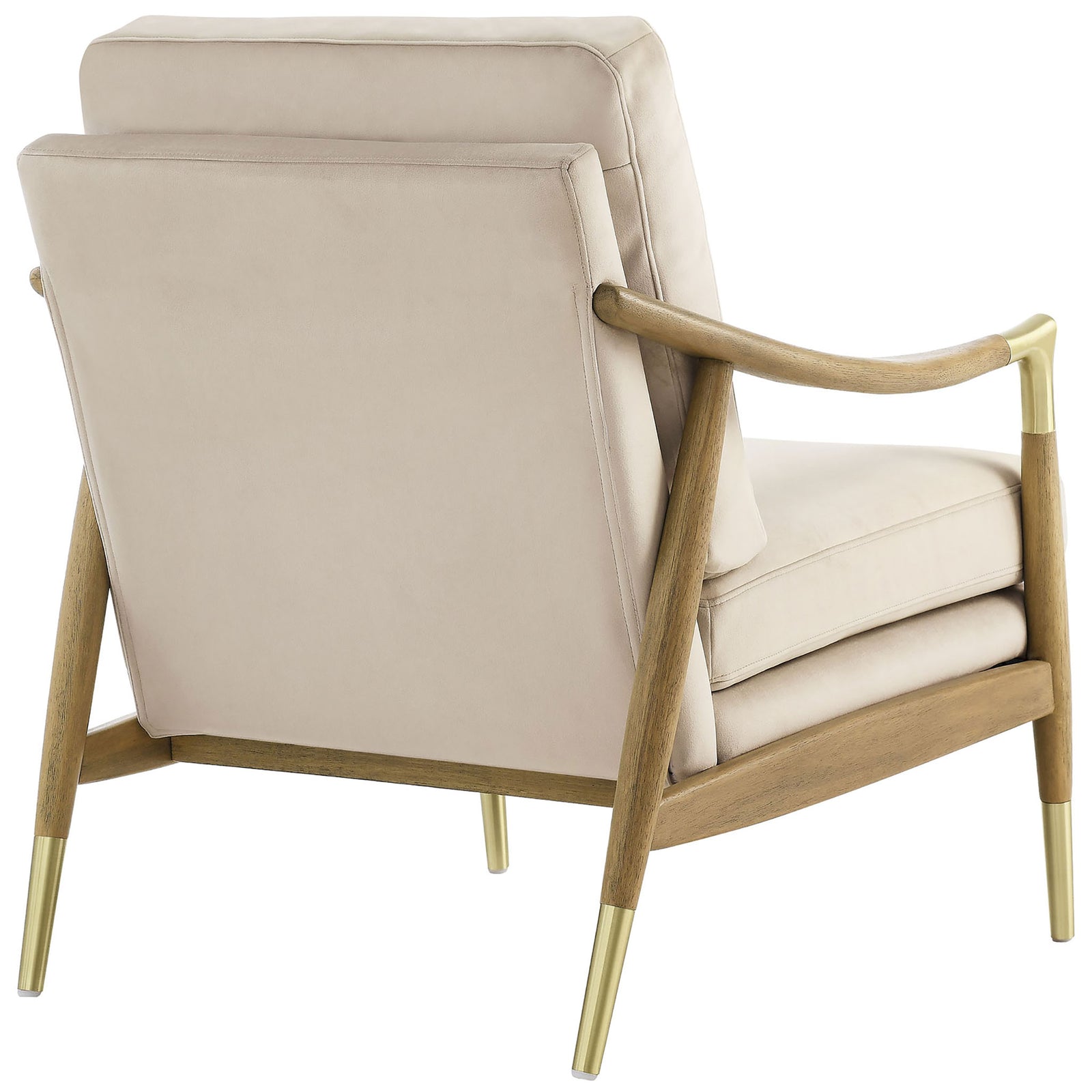 Supportive back cushion and contoured frame with walnut finish and brass details for a polished retro look || EEI-7056-ALM-WAL || back_angle_studio