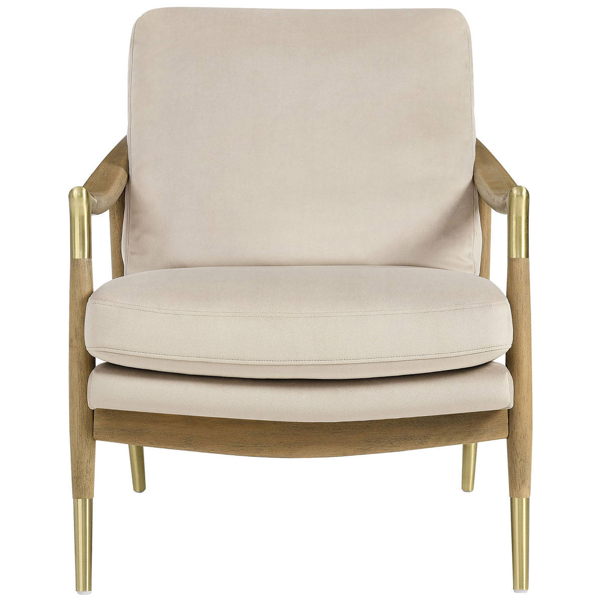 Mid-century accent chair in almond velvet with swooped arms, brass accents, and a warm walnut wood frame || EEI-7056-ALM-WAL || front_studio