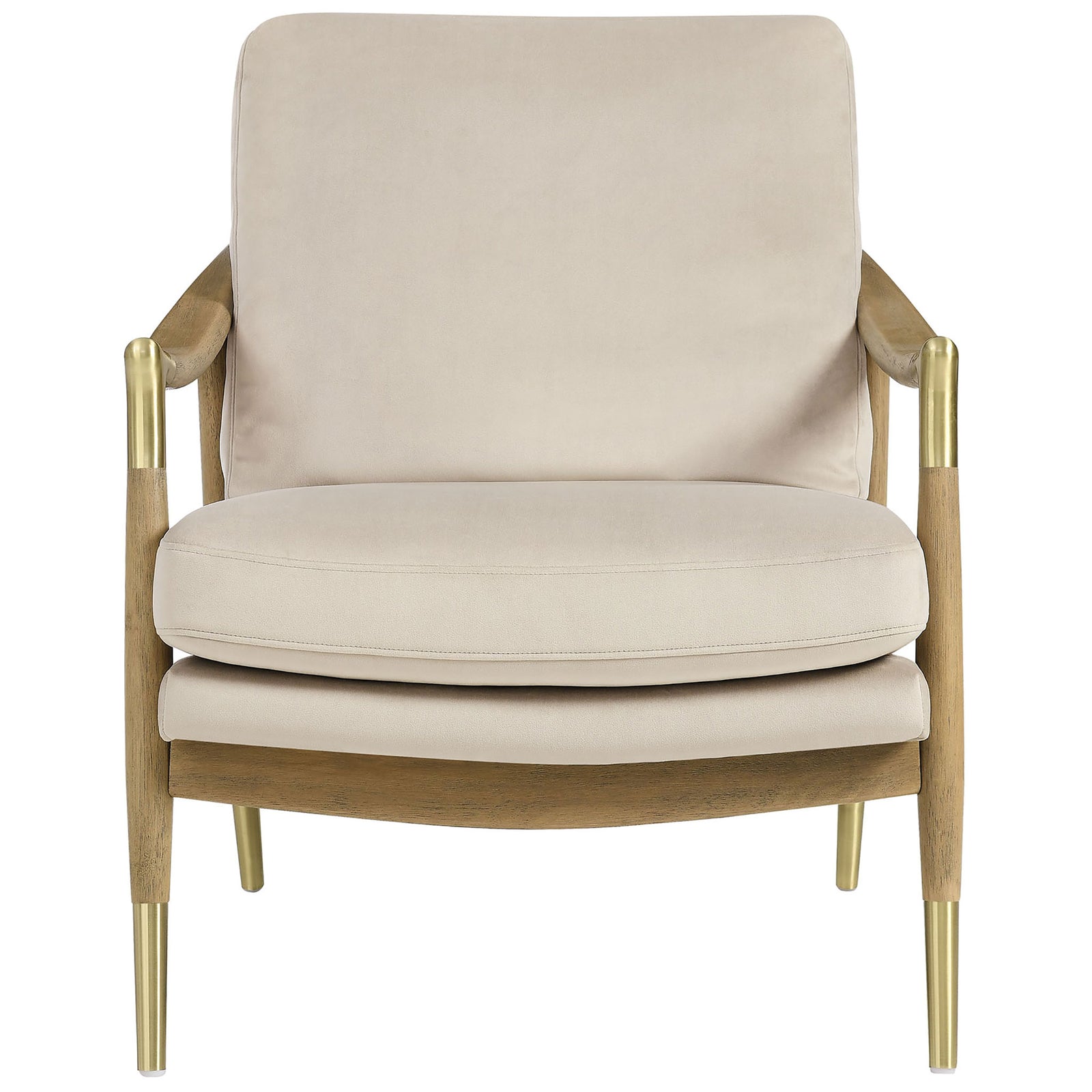 Mid-century accent chair in almond velvet with swooped arms, brass accents, and a warm walnut wood frame || EEI-7056-ALM-WAL || front_studio
