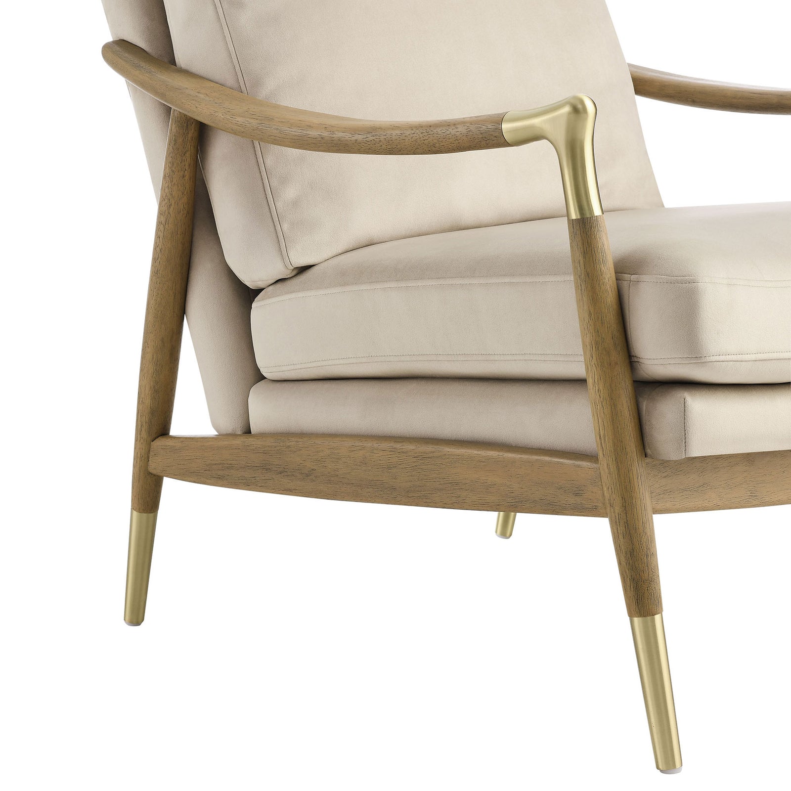 Swooped arm with brass joint highlights craftsmanship against smooth, stain-resistant performance velvet || EEI-7056-ALM-WAL || detail_studio