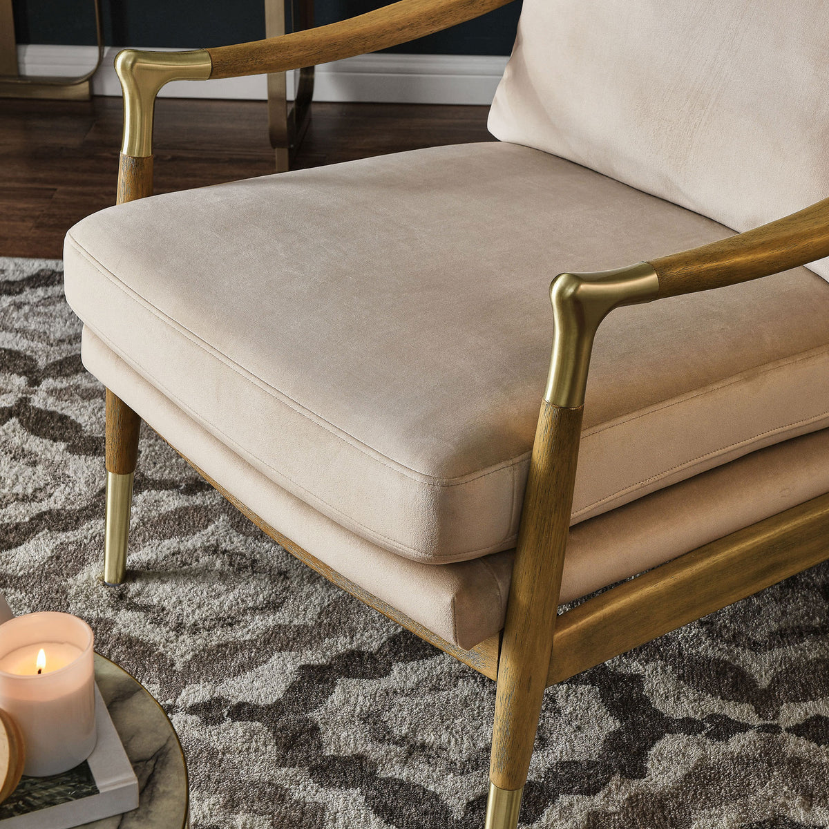 Plush, supportive cushions invite relaxation while brass details and walnut tones elevate the design || EEI-7056-ALM-WAL || detail_room