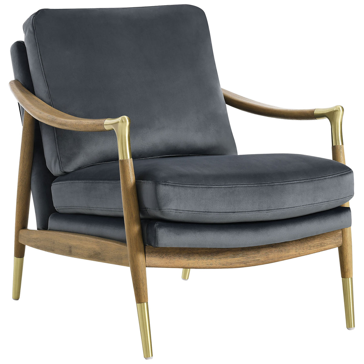 Mid-century chair in cadet blue velvet with swooped wood arms and gleaming brass accents || EEI-7056-CAB-WAL || front_angle_studio