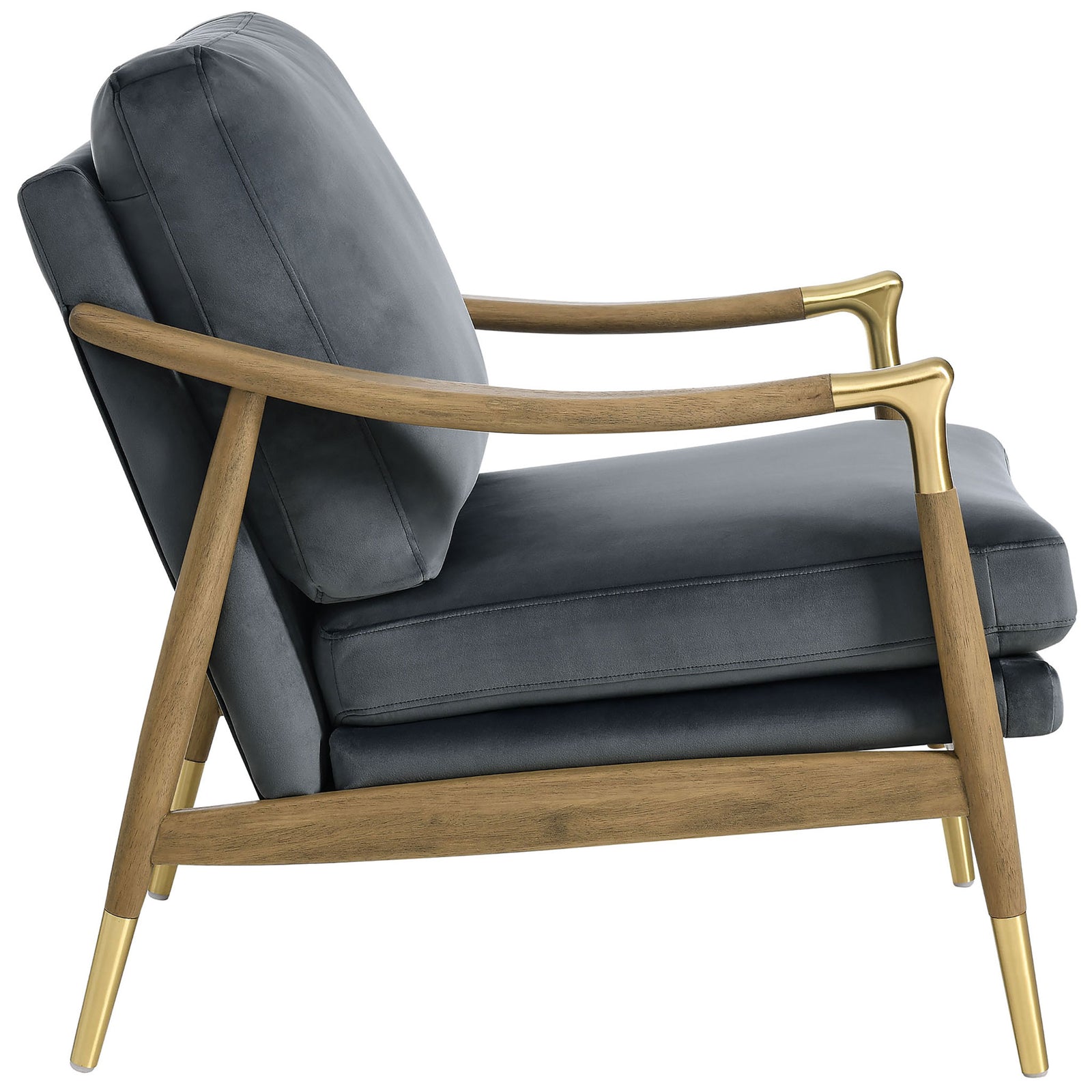 Slim profile shows swooped armrests, walnut frame, and brass tips under plush performance velvet || EEI-7056-CAB-WAL || side_studio