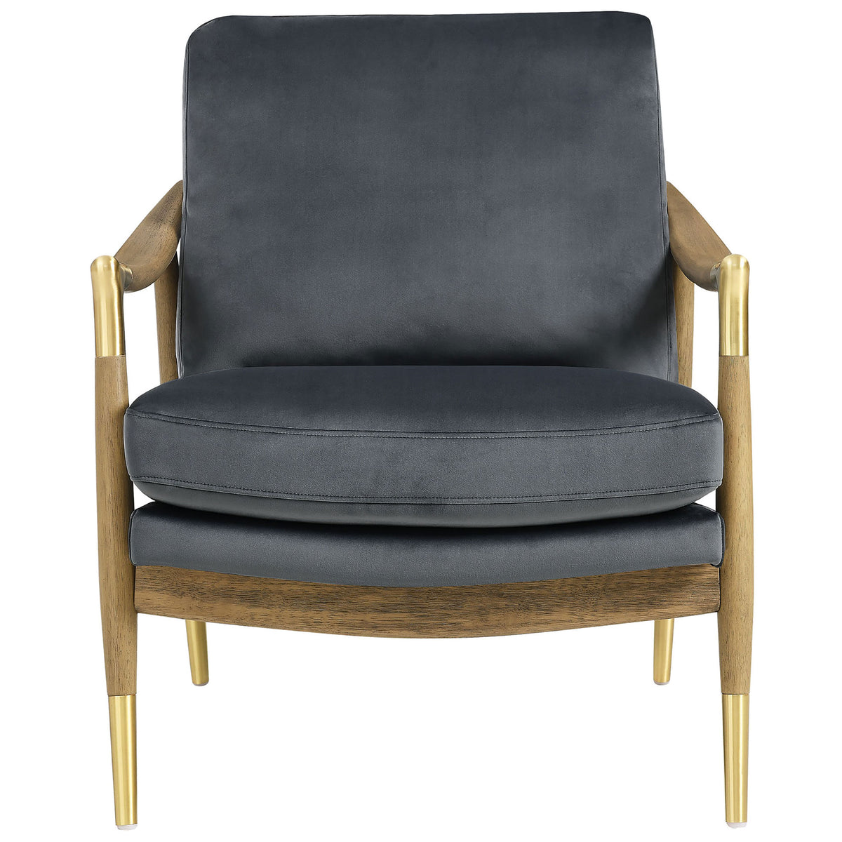 Cadet blue velvet armchair with plush cushions, curved walnut frame, and brass-capped legs || EEI-7056-CAB-WAL || front_studio