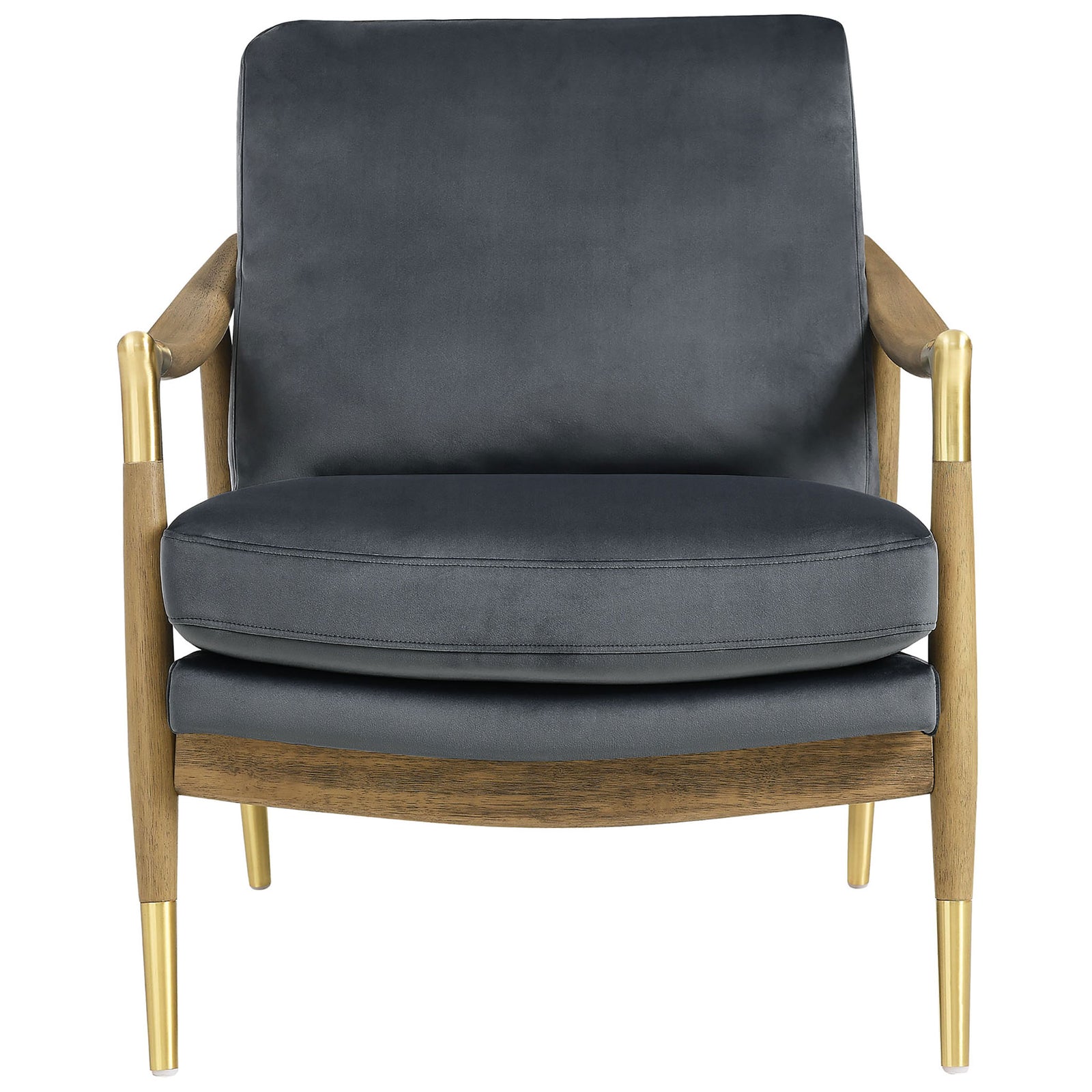 Cadet blue velvet armchair with plush cushions, curved walnut frame, and brass-capped legs || EEI-7056-CAB-WAL || front_studio