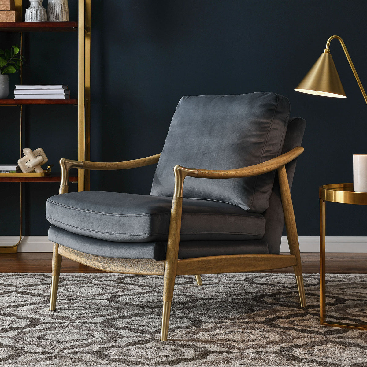 Elegant cadet blue velvet armchair with walnut frame and brass accents elevates the room || EEI-7056-CAB-WAL || front_angle_room