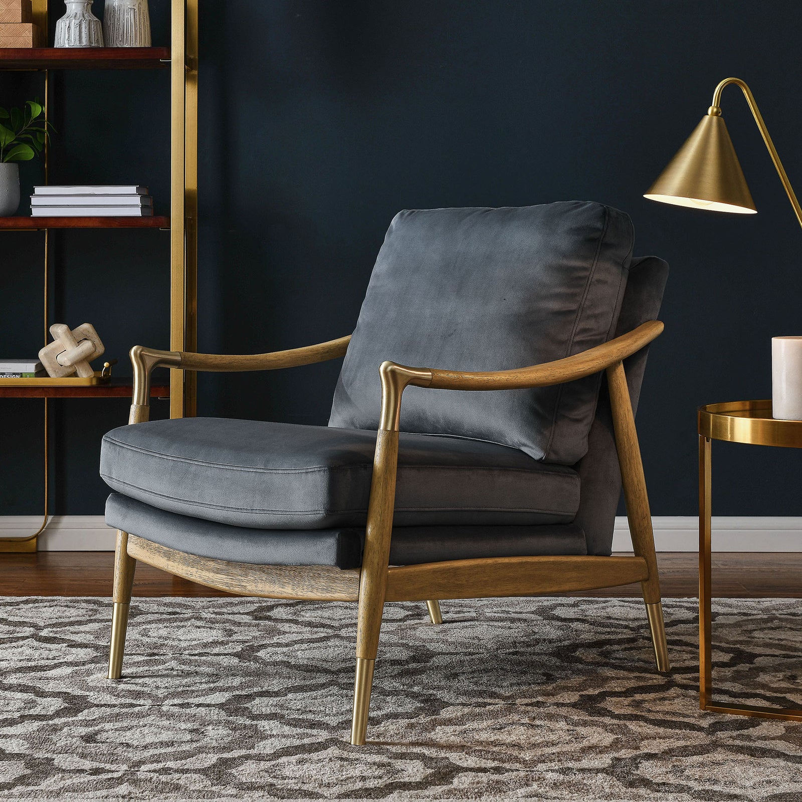 Elegant cadet blue velvet armchair with walnut frame and brass accents elevates the room || EEI-7056-CAB-WAL || front_angle_room