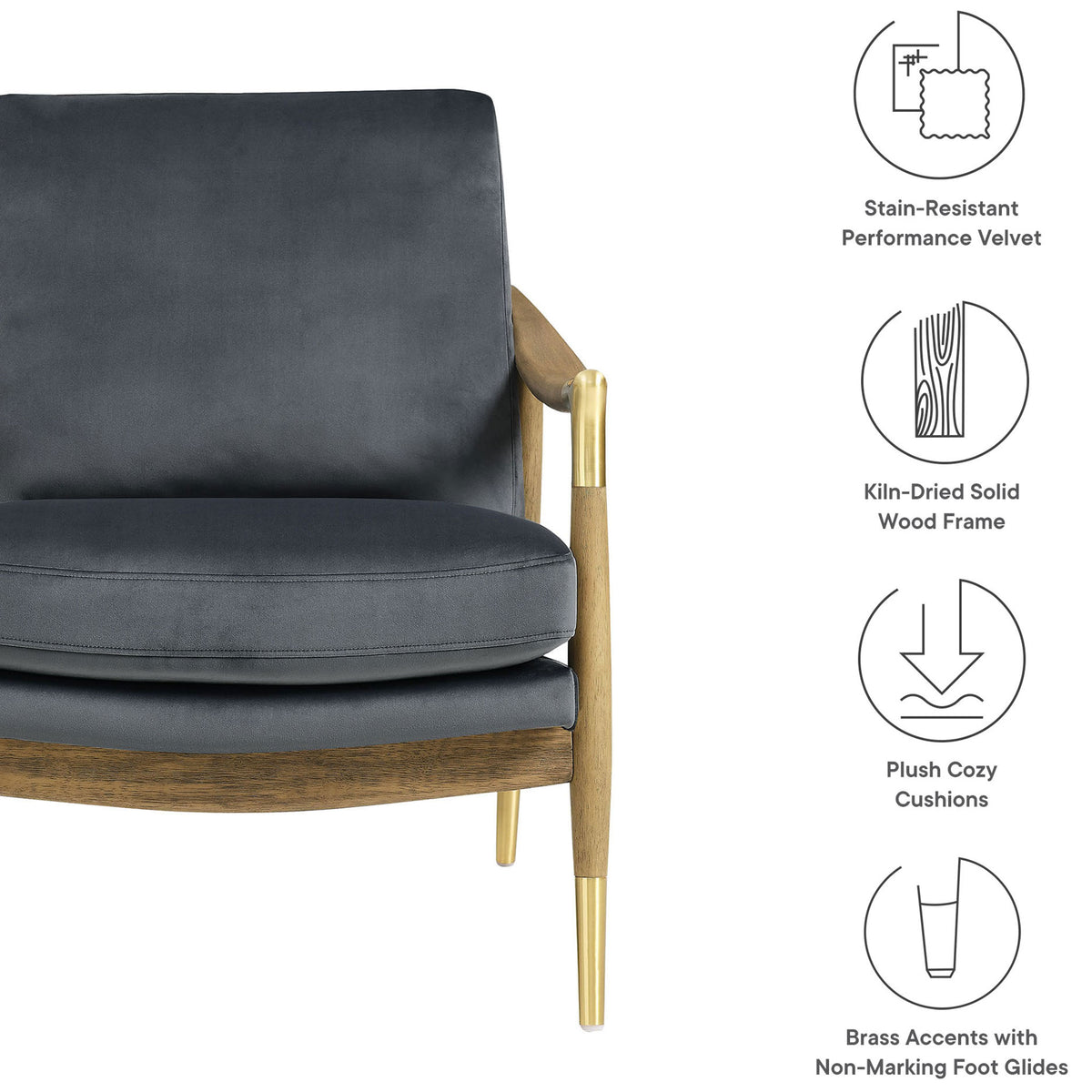 Highlighted features include stain-resistant velvet, solid wood frame, plush cushions, and brass accents || EEI-7056-CAB-WAL || callout_studio