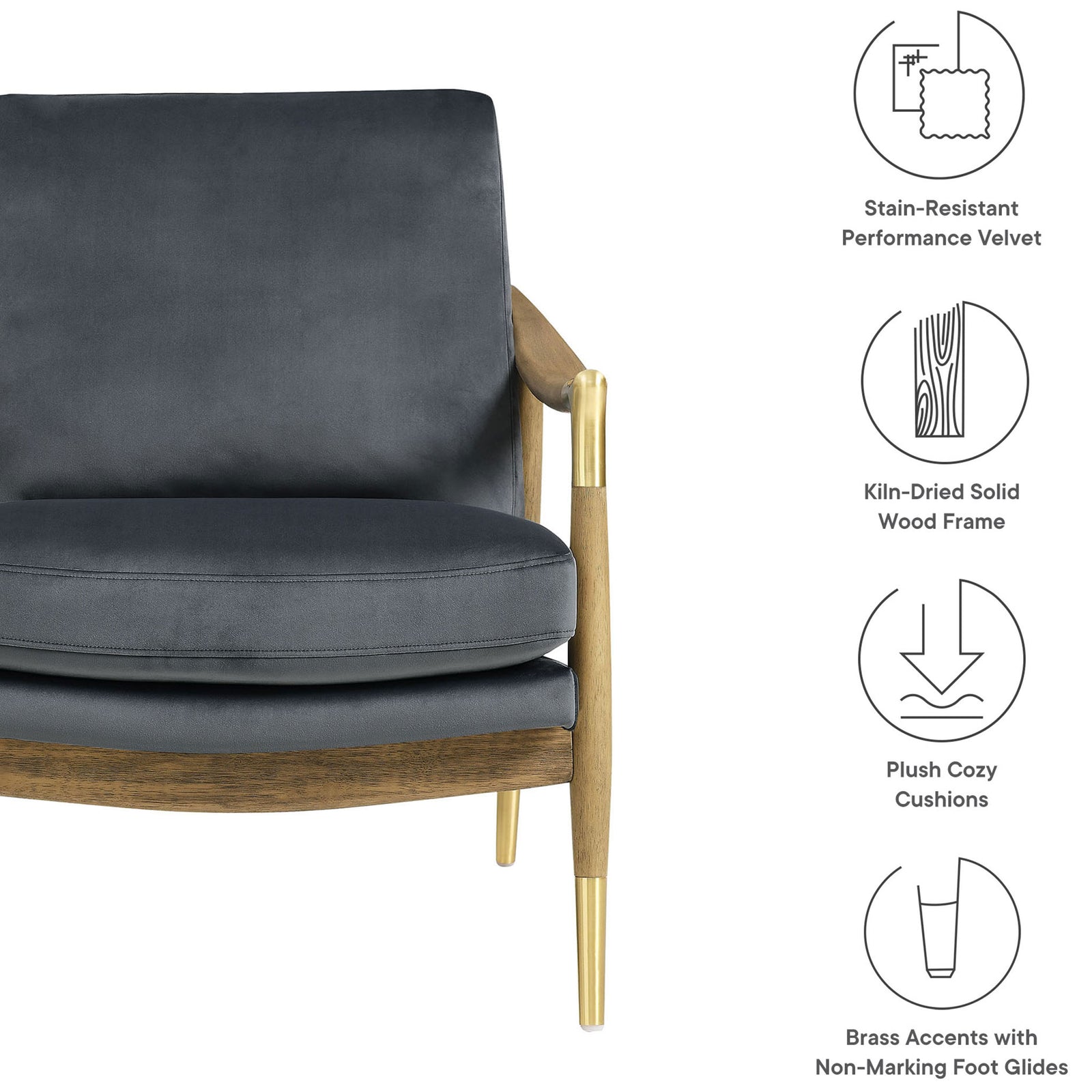 Highlighted features include stain-resistant velvet, solid wood frame, plush cushions, and brass accents || EEI-7056-CAB-WAL || callout_studio