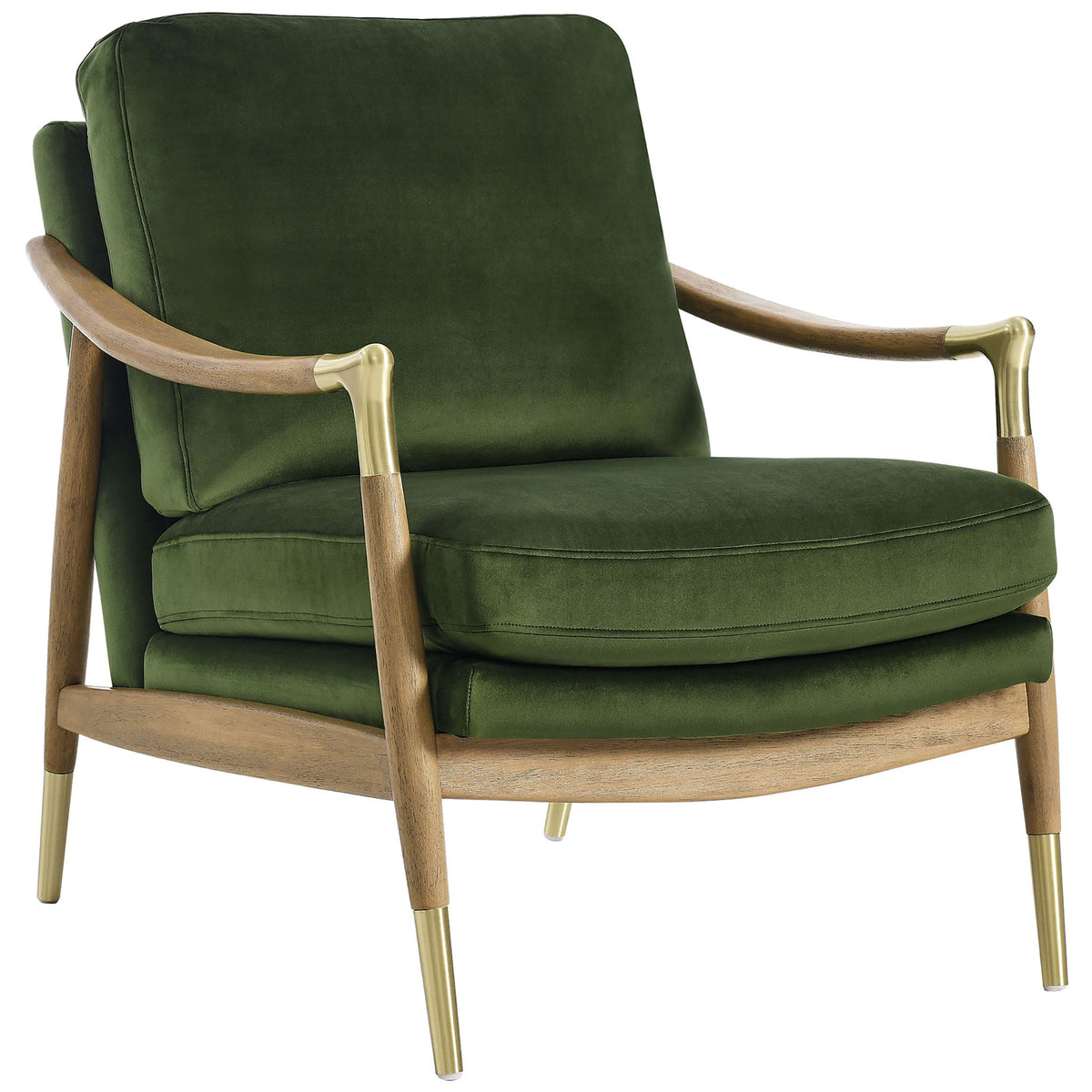 Plush cushioned lounge chair in deep green velvet pairs with warm walnut and gleaming brass-capped legs || EEI-7056-MOG-WAL || front_angle_studio