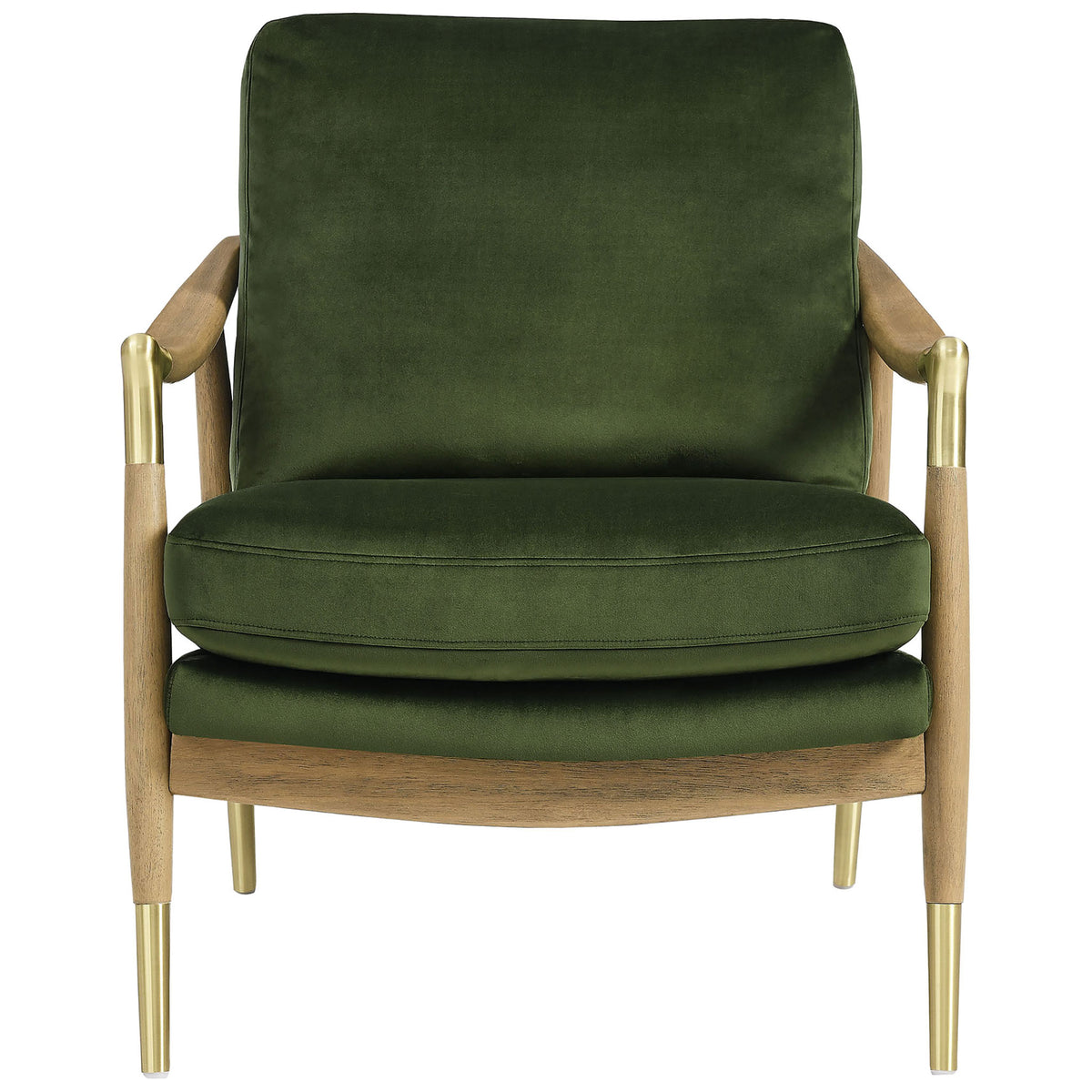 Moss green performance velvet armchair with walnut frame and brass accents for a refined mid-century touch || EEI-7056-MOG-WAL || front_studio