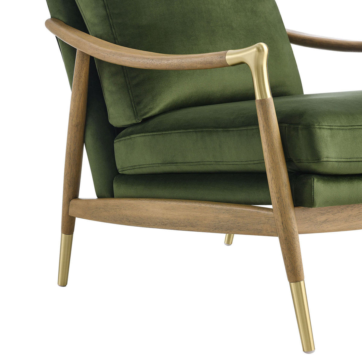 Brass accents and curved walnut arm detailing complement the rich moss green performance velvet || EEI-7056-MOG-WAL || detail_studio