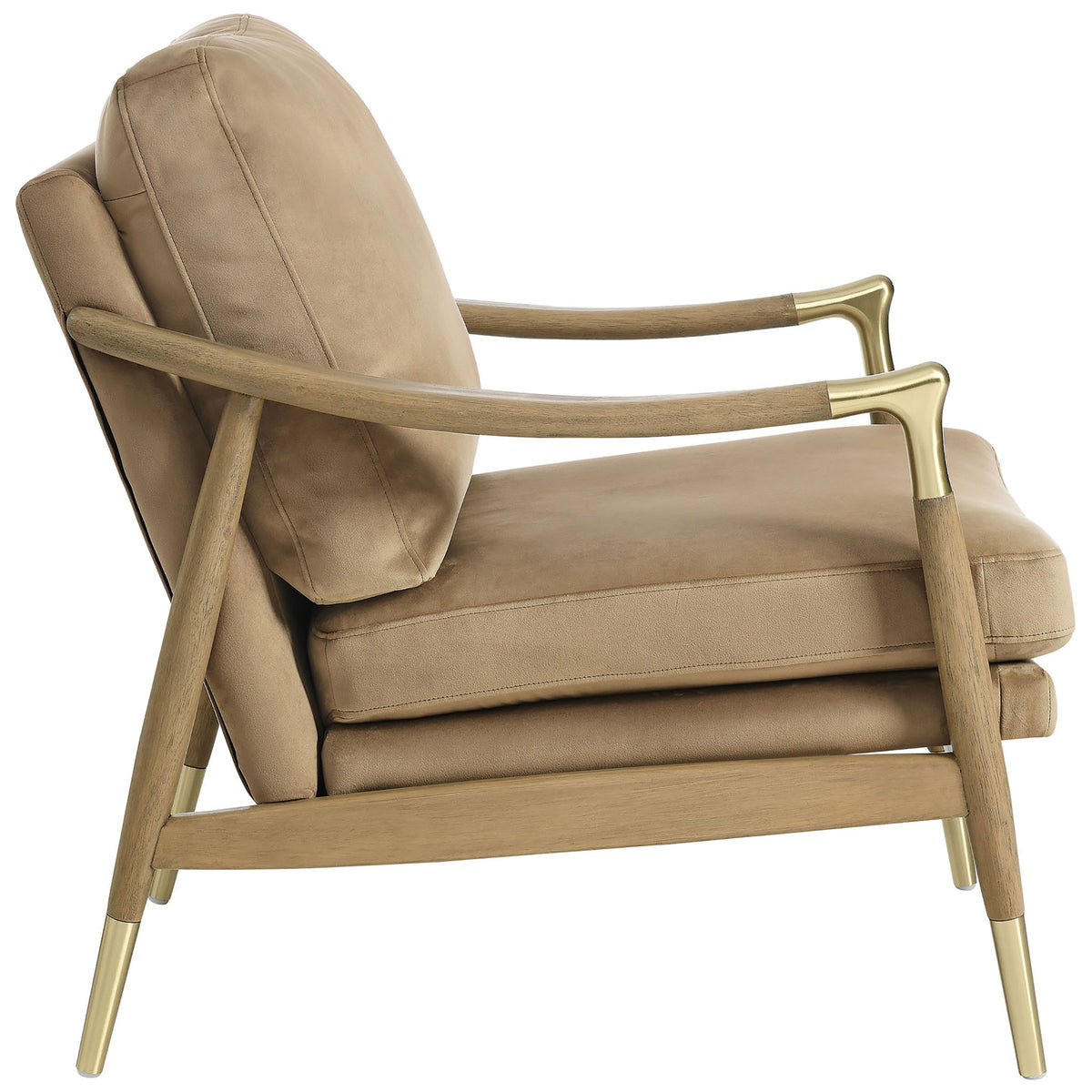 Curved wooden arms and tapered legs with brass caps pair with a deep, supportive seat cushion || EEI-7056-TAU-WAL || side_studio