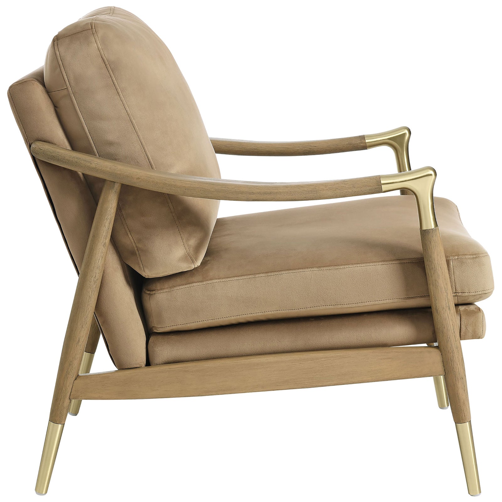 Curved wooden arms and tapered legs with brass caps pair with a deep, supportive seat cushion || EEI-7056-TAU-WAL || side_studio
