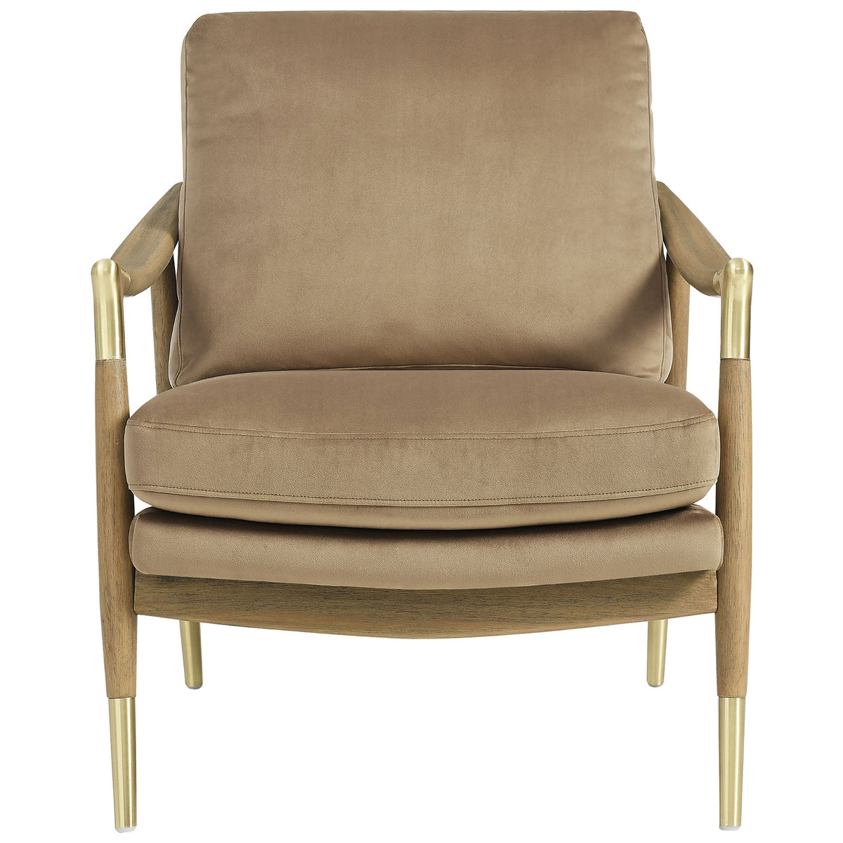 Taupe performance velvet armchair with swooped arms, plush cushions, and brass-capped walnut legs || EEI-7056-TAU-WAL || front_studio