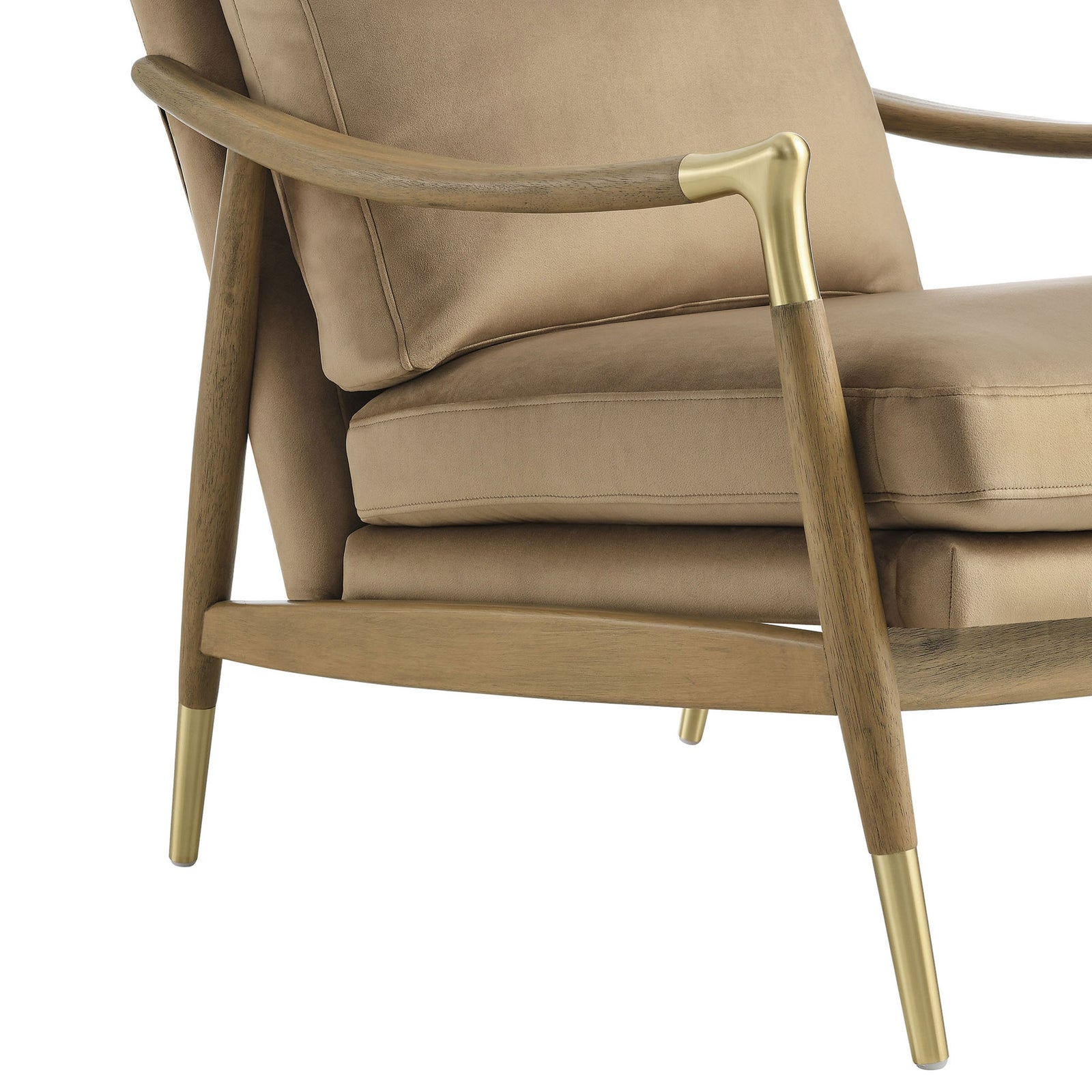 Swooped armrest and brass-capped leg against smooth taupe performance velvet || EEI-7056-TAU-WAL || detail_studio