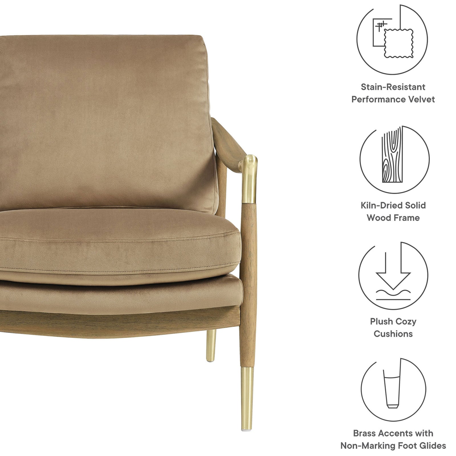 Feature highlights for the Langford velvet armchair: performance fabric, solid wood, and brass accents || EEI-7056-TAU-WAL || callout_studio