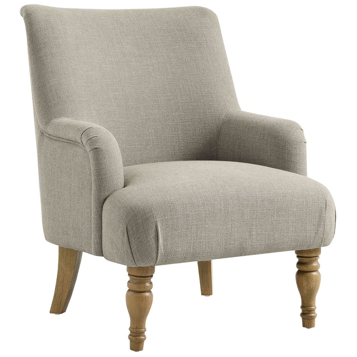 Inviting lounge chair in linen color with plush fixed seat and classic ring-turned front legs || EEI-7057-LIN || front_angle_studio